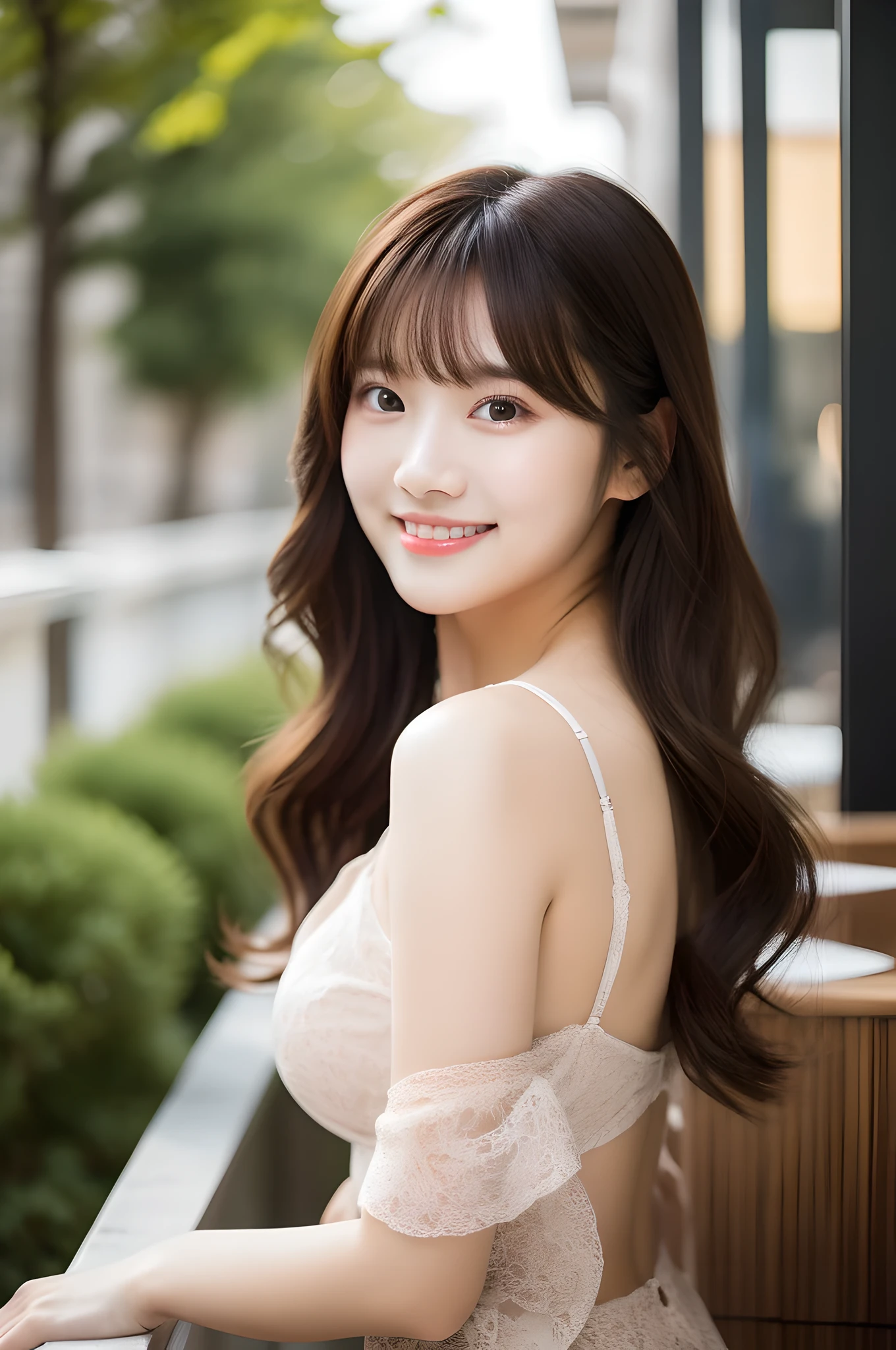 Ulchan-6500-v1.1,(highest quality,masterpiece:1.3,ultra high resolution),(Super detailed,8k),,(realistic:1.4,RAW shooting),18-year-old,cute,super beautiful,Japanese woman sitting on the terrace of a cafe, long curly hair, turn around, off shoulder, big round eyes, sunlight,  With bangs, brown eyes, Narrow forehead, , smile, long skirt,big breasts,perfect style,professional lighting, Photographed by a professional photographer