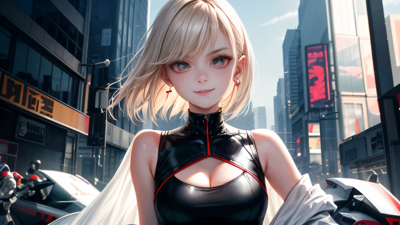 optimal,master piece,High resolution,best quality,hyper hd,super detail,Award-winning,16k,solo,(Upper body),correct anatomy,beautiful cyberpunk girl,cute face,,gradation beige hair,hair line,((scarlet eyes)),long eyelashes,drooping corners of the eyes,white skin,(small ),(Because I'm slender),((Women's Super Short Shawl Leather Jacket)),((racing_suit)),((height_skirt)),ear studs,(neck ring),(laser material clothing:1.2)、cleavage、smile、beautiful eyes