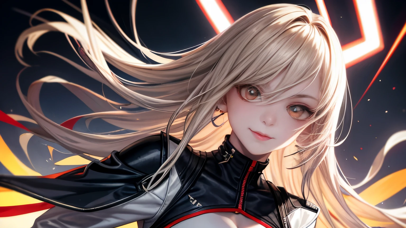 optimal,master piece,High resolution,best quality,hyper hd,super detail,Award-winning,16k,solo,(Upper body),correct anatomy,beautiful cyberpunk girl,cute face,,gradation beige hair,hair line,((scarlet eyes)),long eyelashes,drooping corners of the eyes,white skin,(small ),(Because I'm slender),((Women's Super Short Shawl Leather Jacket)),((racing_suit)),((height_skirt)),ear studs,(neck ring),(laser material clothing:1.2)、cleavage、smile、beautiful eyes