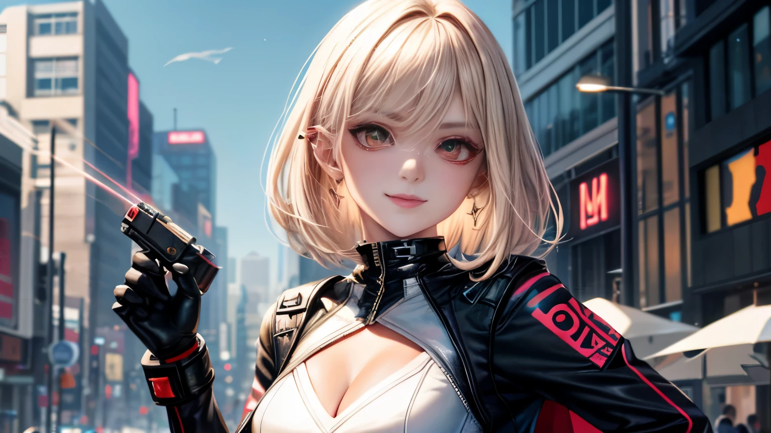 optimal，master piece，High resolution，best quality，hyper hd，super detail，Award-winning，16k，solo，（Upper body），correct anatomy，beautiful cyberpunk girl，cute face，，gradation beige hair，hair line，（（scarlet eyes）），long eyelashes，drooping corners of the eyes，white skin，（small ），（Because I&#39;m slender），（（Women&#39;s Super Short Shawl Leather Jacket）），（（racing_suit）），（（height_skirt）），ear studs，（neck ring），（laser material clothing：1.2）、cleavage、smile、beautiful eyes