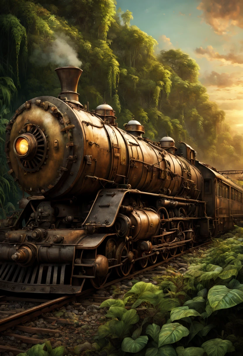 Train Station, aesthetic, steampunk derelict trains, railroads, stacked on top of each other in the jungle, covered with vines, plants, cogs, gears; epic lighting, cinematic, brilliant, stunning, intricate, meticulous, dramatic, atmospheric, maximalist, digital matte painting, mysterious, ominous, crepuscule, Moebius, golden hours