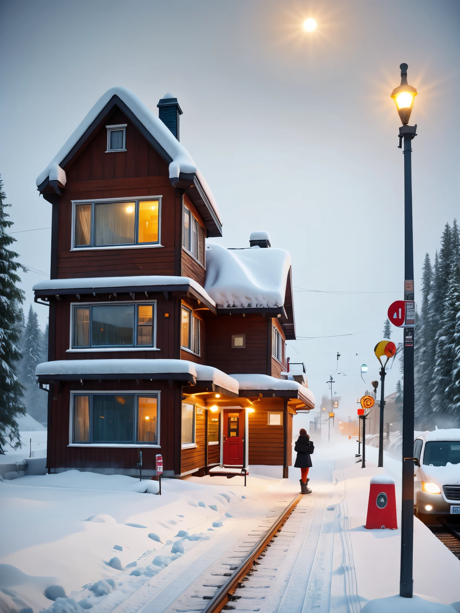 A  station in the heavy snow in Siberia，Back view of a person waiting for a bus，The big stop sign at the wooden house station，（Train tracks：0.65），Train tracksTrain tracks，Blizzard is falling，Dense fog Dense fog Dense fog