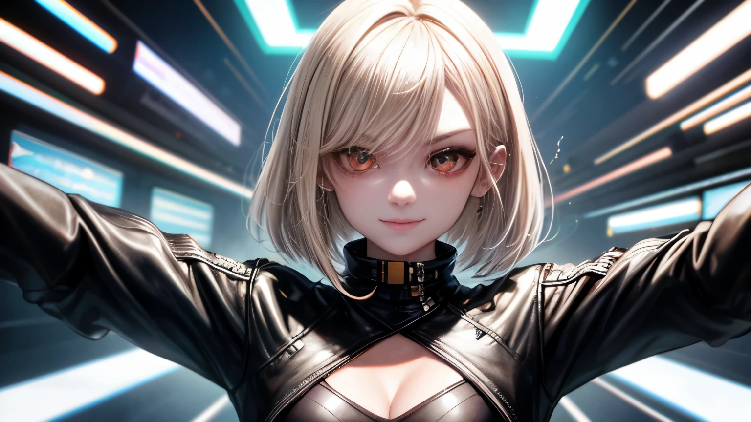 optimal，master piece，High resolution，best quality，hyper hd，super detail，Award-winning，16k，solo，（Upper body），correct anatomy，beautiful cyberpunk girl，cute face，，gradation beige hair，hair line，（（scarlet eyes）），long eyelashes，drooping corners of the eyes，white skin，（small ），（Because I&#39;m slender），（（Women&#39;s Super Short Shawl Leather Jacket）），（（racing_suit）），（（height_skirt）），ear studs，（neck ring），（laser material clothing：1.2）、cleavage、smile、beautiful eyes