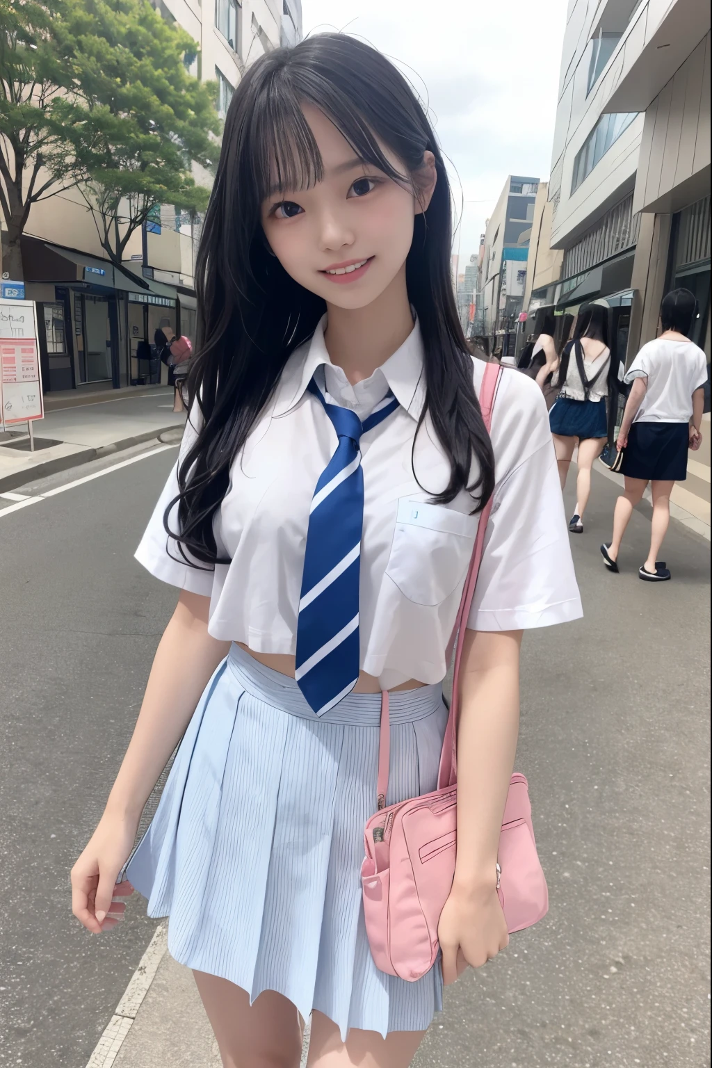 long hair、high school girl、(((summer clothes)))、white shirt、blue striped tie、short sleeve、Dark blue prill skirt、walk、Student bag tote bag in hand、8head and body、In the cityscape、sidewalk、Keyaki Street、wavy hair、small head、pale pink lips、smile、happiness、small breasts、small hips、slender body
