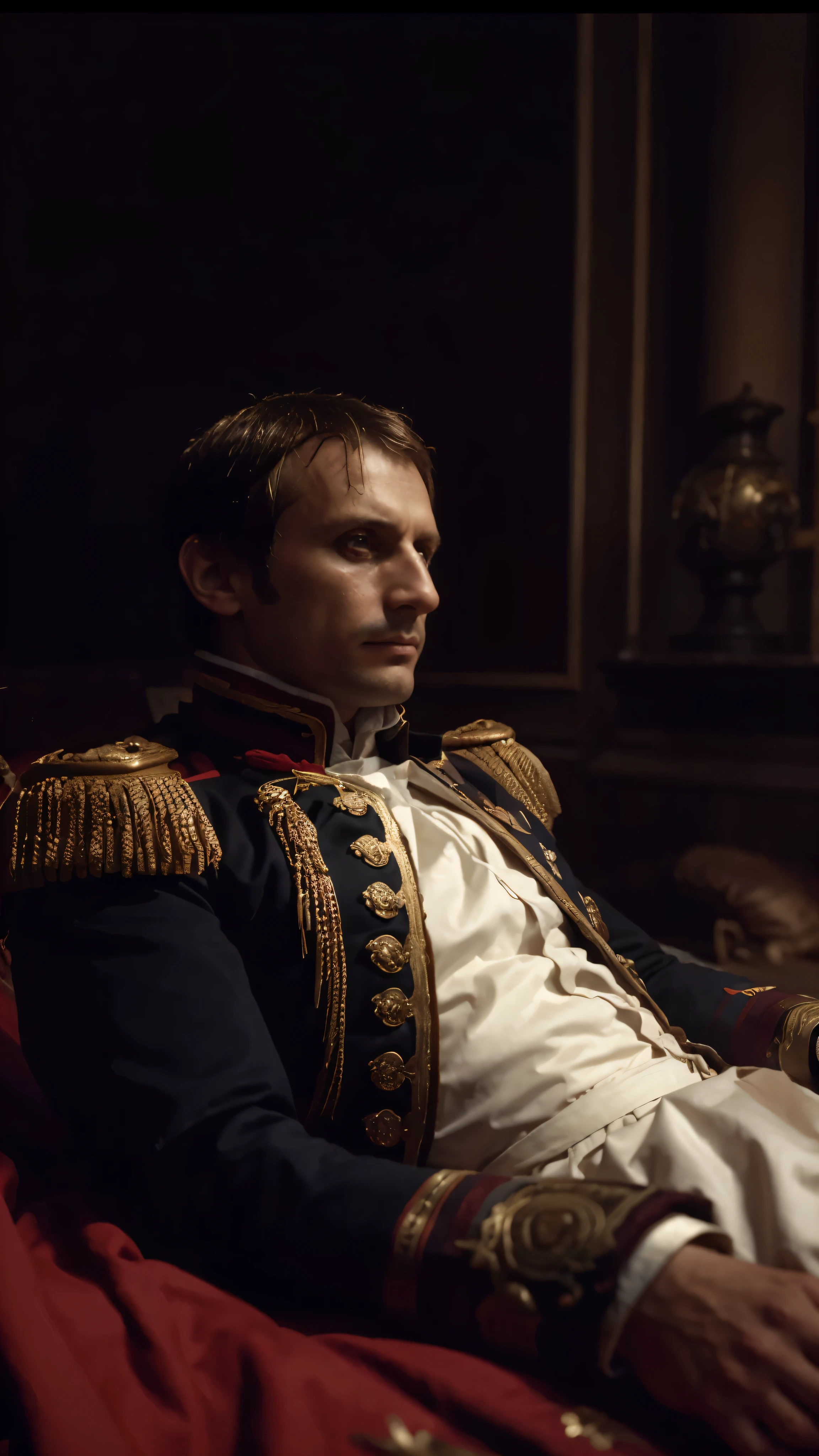 Napoleon Bonaparte in military uniform lying on bed, Playable trailer, portrait in o style of craola, muito realista. pouca luz escura, giga chad chorando, o age of discovery, rosto sexy, napoleon, Mads Mikkelsen, o president, sorriso maligno, in a comfortable chair, juanmao, Npc, humanisation, o