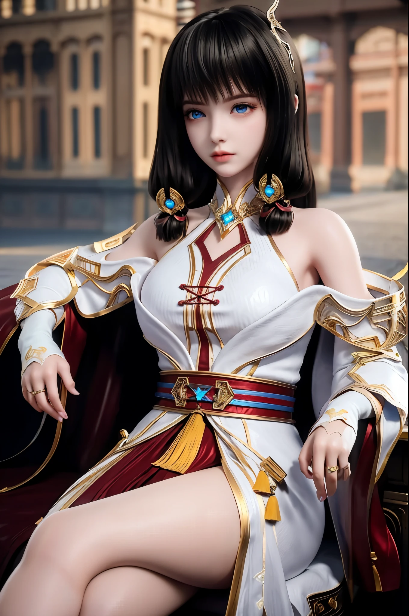 (8K, original photo, best quality, masterpiece:1.2),(actual, photo-actual:1.4), Super detailed, extremely detailed cg 8K wallpaper,(crystal texture skin:1.2), (extremely delicate and beautiful),
1 girl,alone,black hair,  long hair, blue eyes, Keep your mouth shut, hair accessories, shoulder, Detached sleeves,, white dress,lean forward,  on the chair, whole body, cross legs,