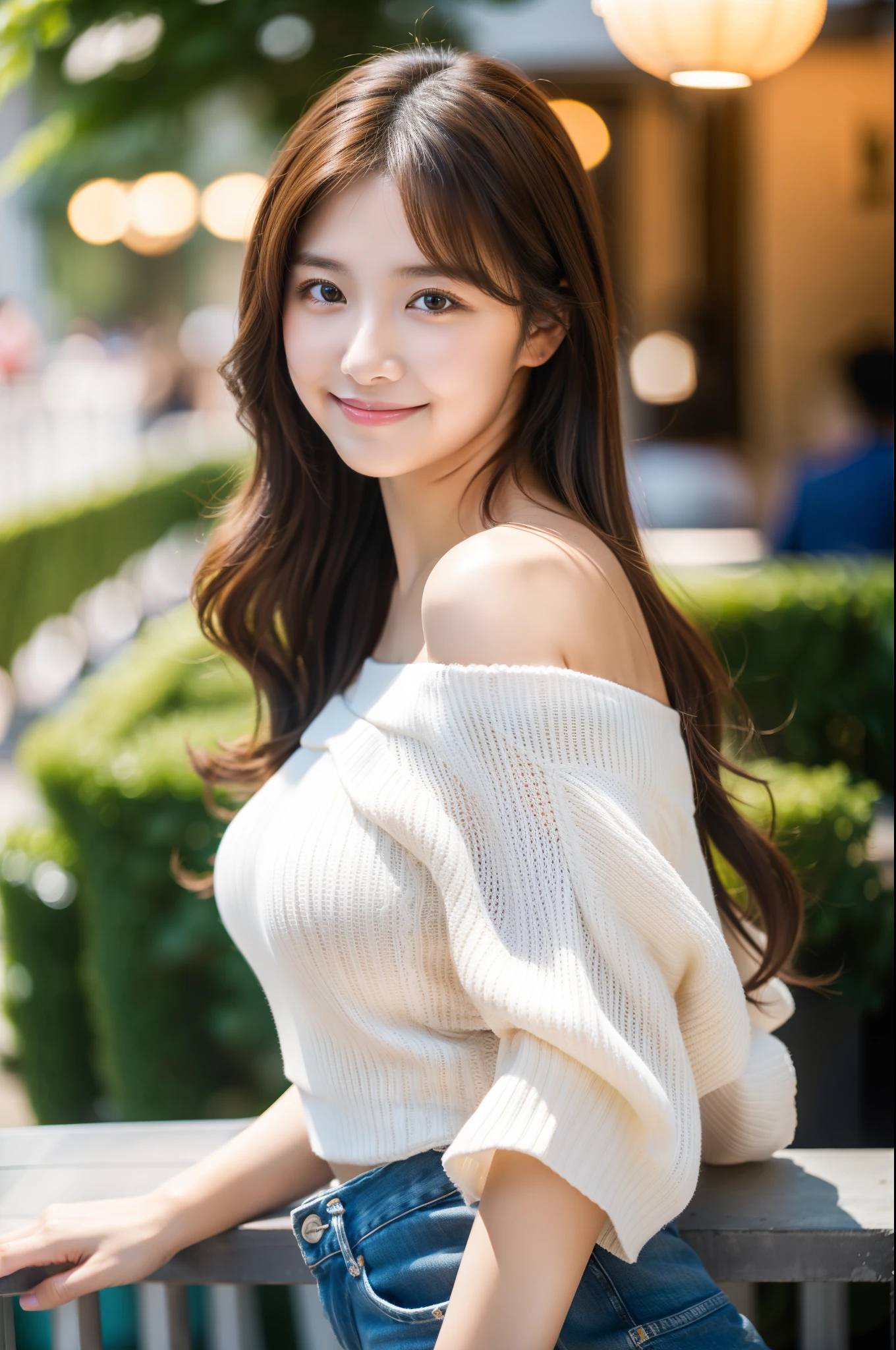 ulzzang-6500-v1.1,(highest quality,masterpiece:1.3,ultra high resolution),(Super detailed,8k),,(realistic:1.4,RAW shooting),1girl,18-year-old,cute,Super beautiful,Japanese woman sitting on the terrace of a cafe, long curly hair, turn around, off shoulder, big round eyes , smile, big breasts,perfect style,professional lighting, Photographed by a professional photographer