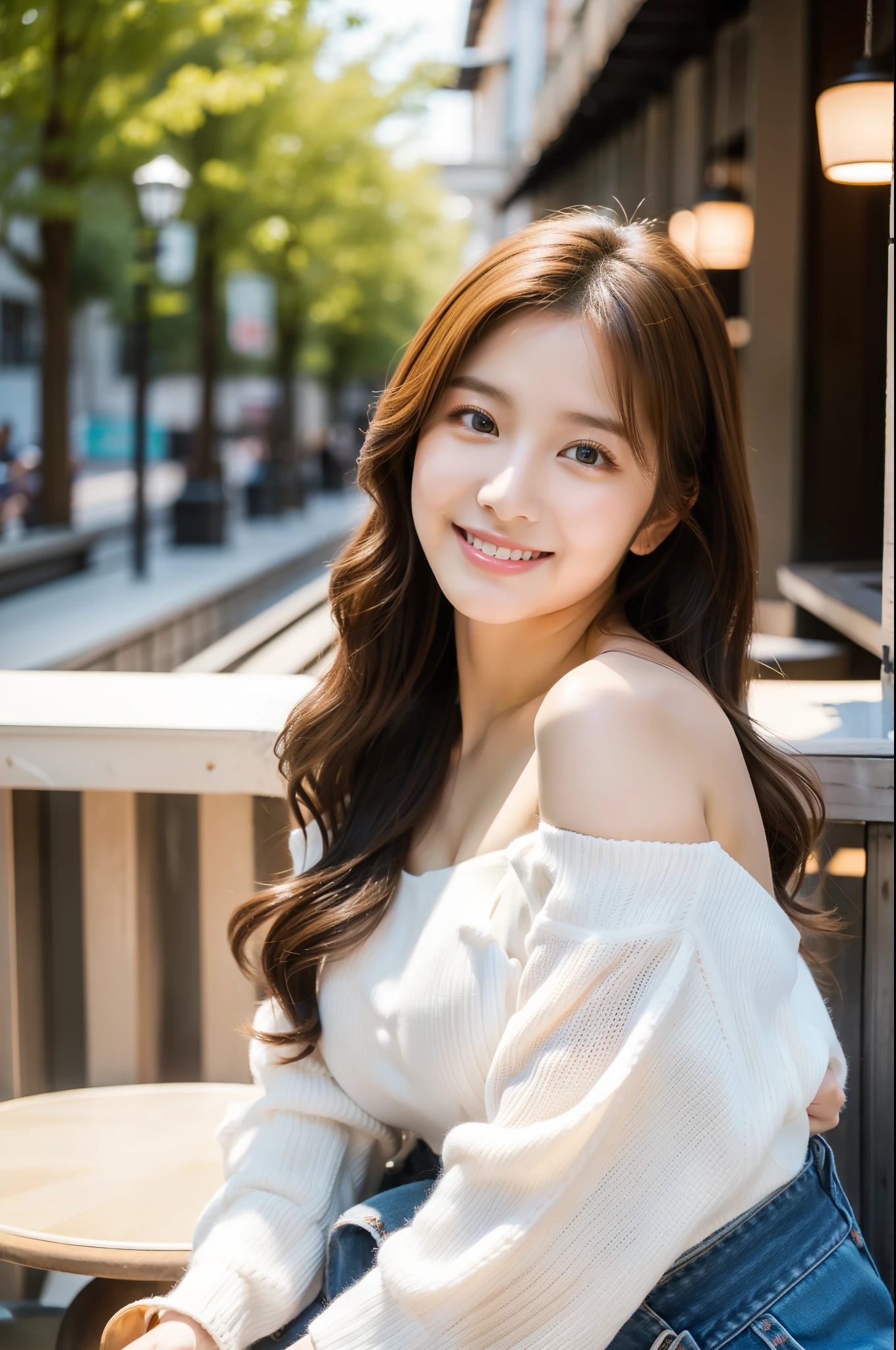 ulzzang-6500-v1.1,(highest quality,masterpiece:1.3,ultra high resolution),(Super detailed,8k),,(realistic:1.4,RAW shooting),1girl,18-year-old,cute,Super beautiful,Japanese woman sitting on the terrace of a cafe, long curly hair, turn around, off shoulder, big round eyes , smile, big breasts,perfect style,professional lighting, Photographed by a professional photographer