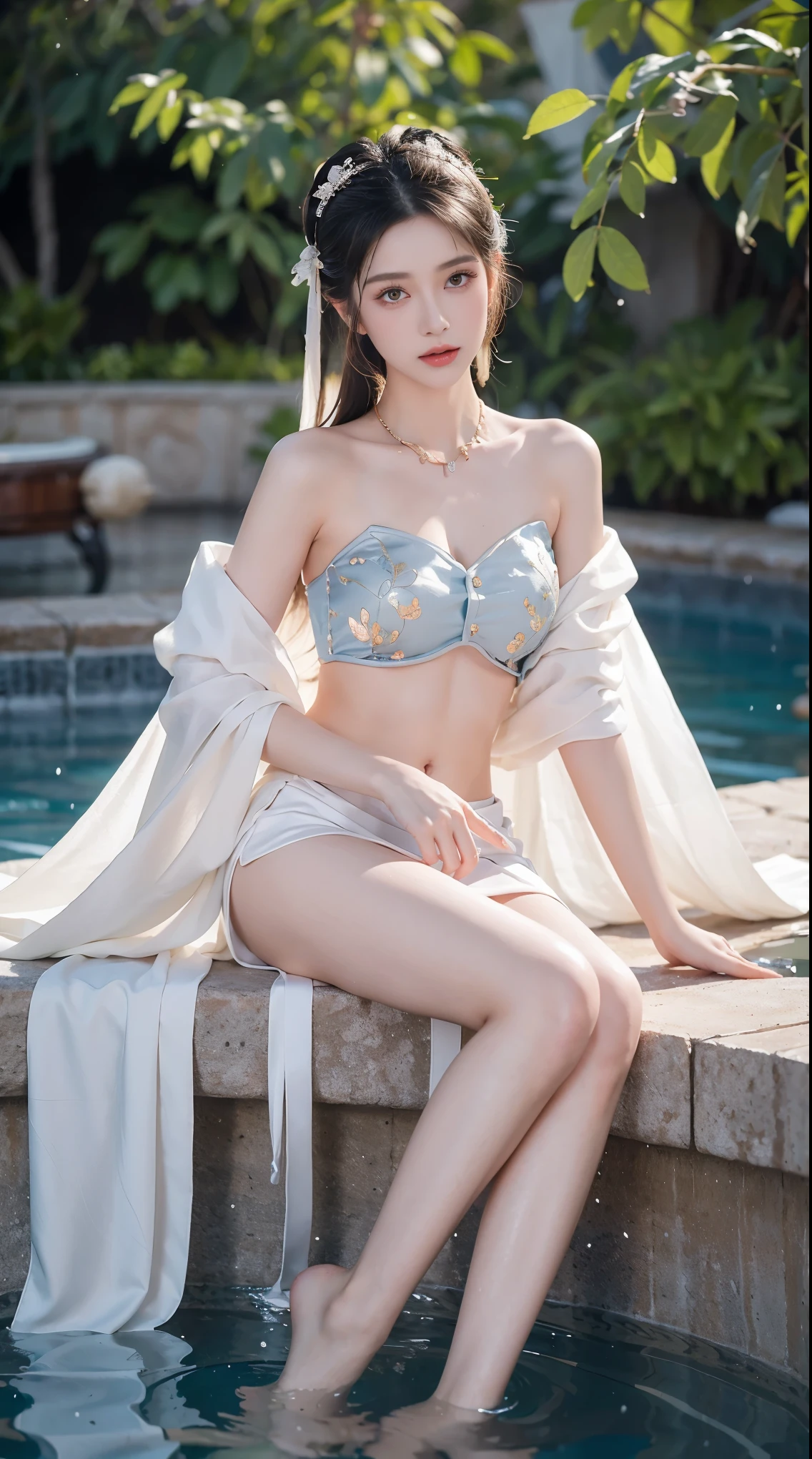 best picture quality,extremely high resolution,Very detailed,stunning girl,sitting in the pool,long eyelashes,big eyes,shining eyes,lying silkworm,plump lips,small nose,a happy expression,Sweet,Exquisite makeup,full-body shot,snow white skin,slim figure,take off shoulders,clavicle,abdomenband,abdomen,abdomen button,Slender white legs,White and tender skin,White embroidered mini skirt,necklace,Showing thighs,lace,Sweet,long hair flying,best quality,masterpiece,full-body shot,facial focus,slim figure,细腰白色abdomenband,imagine,full-body shot
Model: Hanfu, CFG scale: 7, Hire high-end talents: 1.5, Laura: future fashion(0.4)、neon(0.4)、martial arts(0.8)、Asian Face Girls-2(0.4)、poetic fairy tale(0.01)