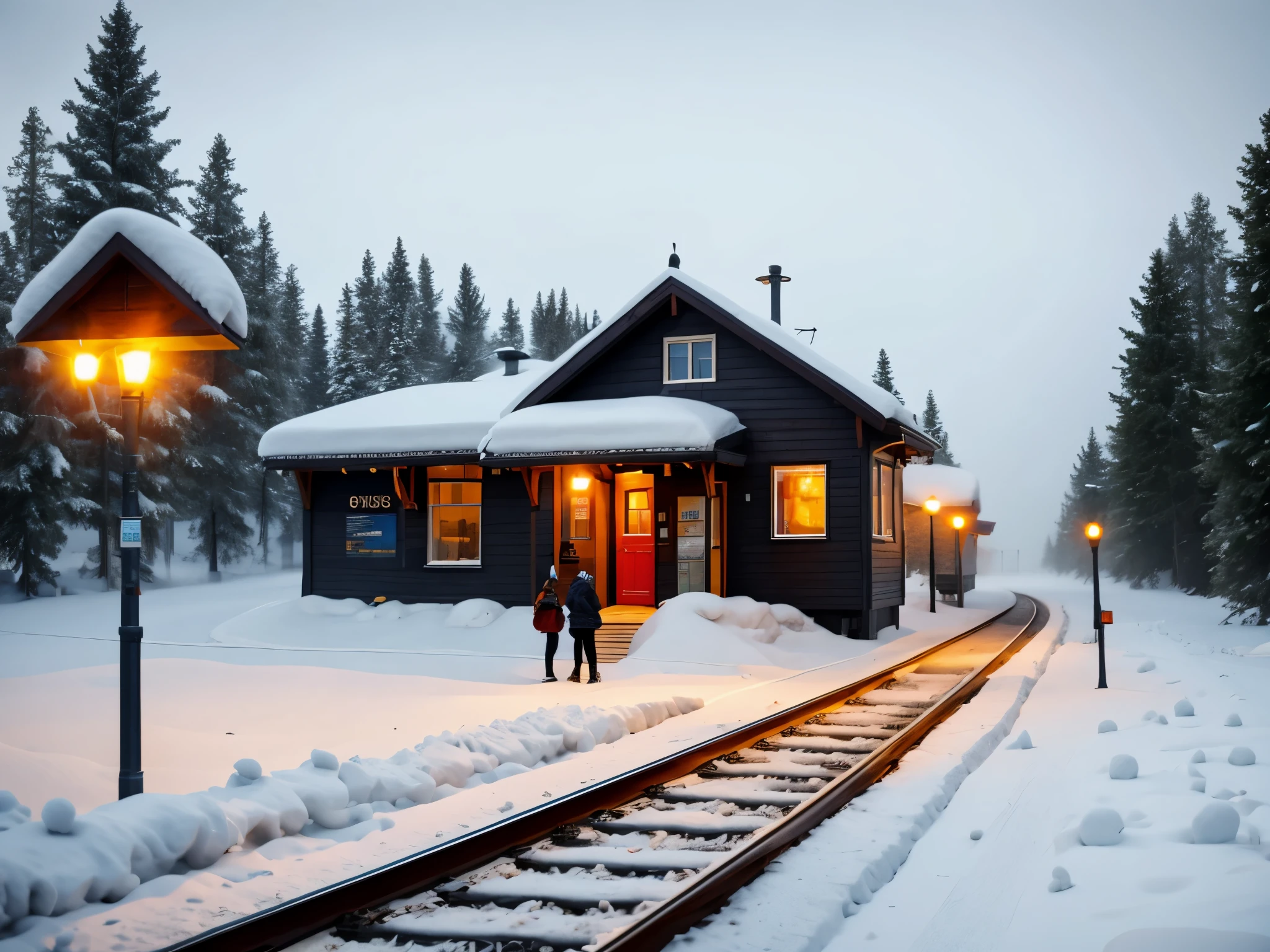 A  station in the heavy snow in Siberia，Back view of a person waiting for a bus，The big stop sign at the wooden house station，（Train tracks：0.65），Train tracksTrain tracks，Blizzard is falling，Dense fog Dense fog Dense fog