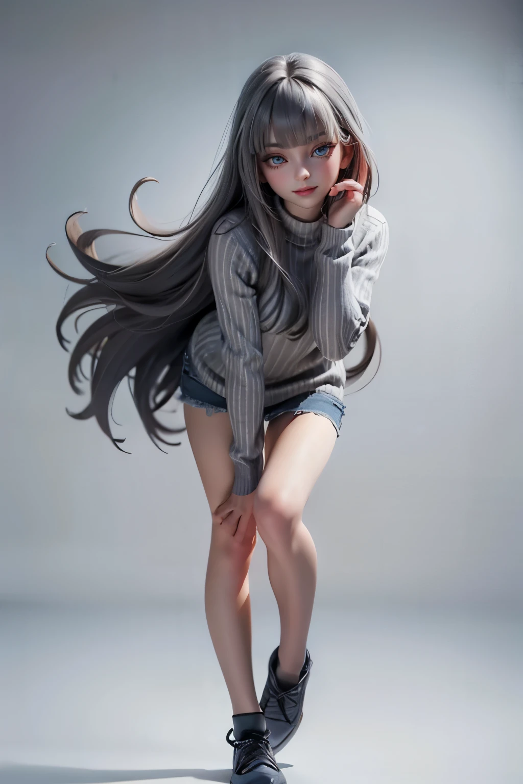 (1 beautiful woman), 22 year old, (narrow eyes:1.25),(half closed eyes:1.18), (pale skin), light smile, (grayish dark hair:1.15), (charcoal gray hair:1.15), (long straight hair), (blunt bangs), (shining blue eyes:1.1), standing, (light gray and white Regatta striped sweater:1.15), turtleneck, (long Knee-length sweater:1.1), (vivid blue sneaker), (full body), aerial shot, (face focus:1.1), (white and colorful background), ((masterpiece))