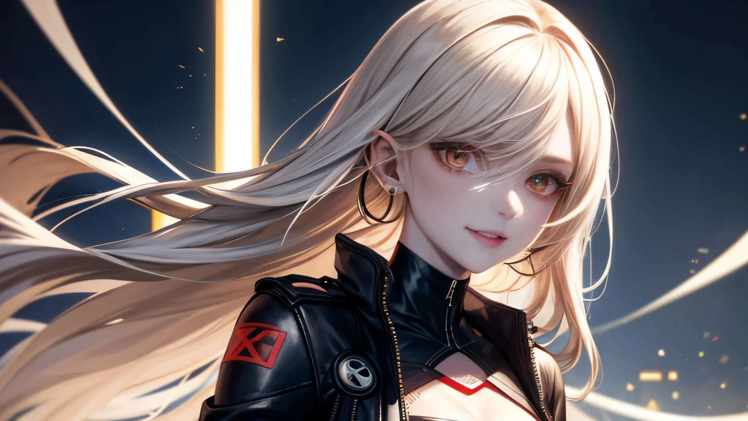 optimal，master piece，High resolution，best quality，hyper hd，super detail，Award-winning，16k，solo，（Upper body），correct anatomy，beautiful cyberpunk girl，cute face，，gradation beige hair，hair line，（（scarlet eyes）），long eyelashes，drooping corners of the eyes，white skin，（small ），（Because I&#39;m slender），（（Women&#39;s Super Short Shawl Leather Jacket）），（（racing_suit）），（（height_skirt）），ear studs，（neck ring），（laser material clothing：1.2）、cleavage、smile、beautiful eyes