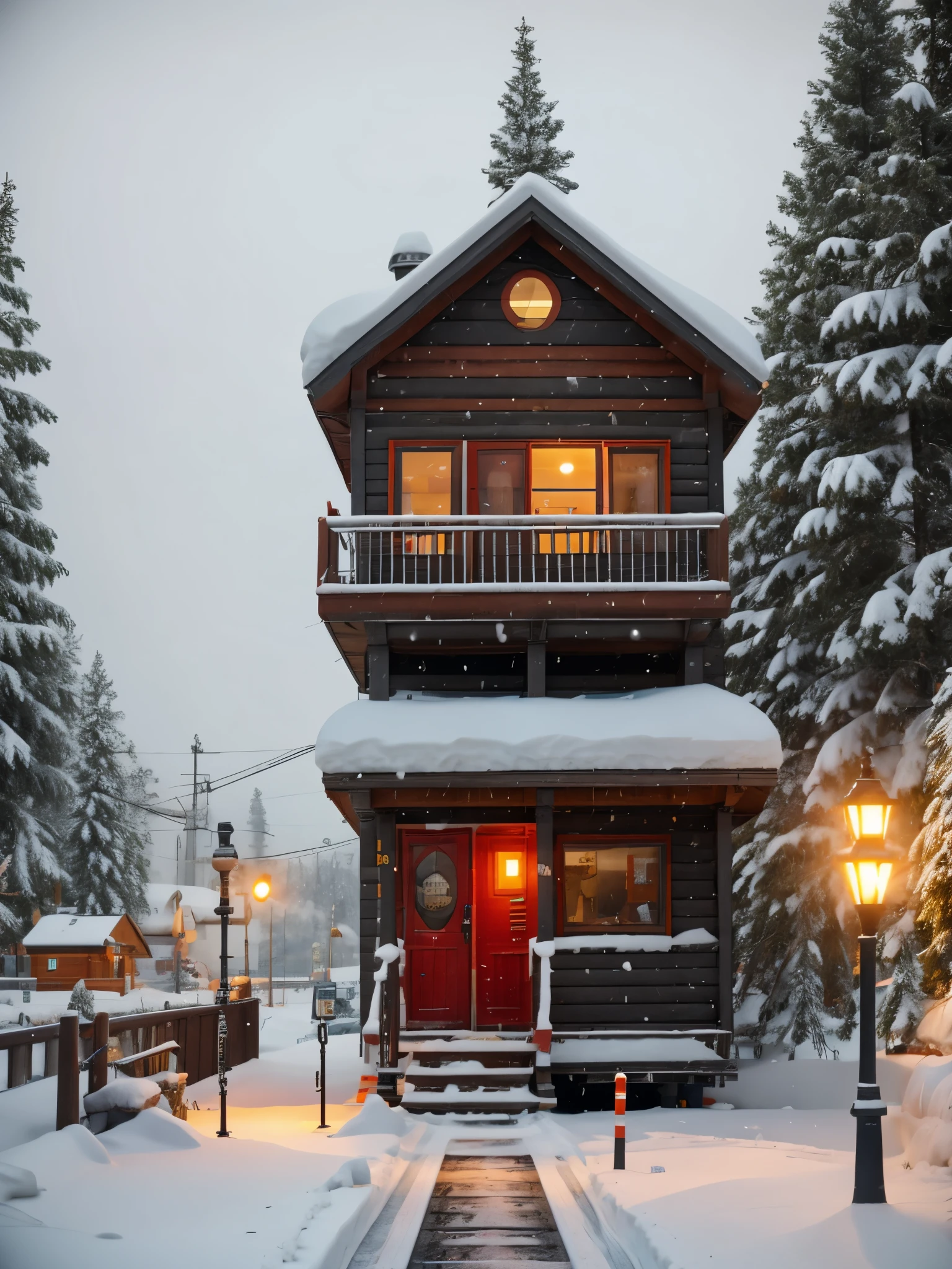 A  station in the heavy snow in Siberia，Back view of a person waiting for a bus，The big stop sign at the wooden house station，（The letters &quot;station&quot;：0.9），（Train tracks：0.65），Train tracksTrain tracks，Blizzard is falling，Dense fog Dense fog Dense fog，yarn art