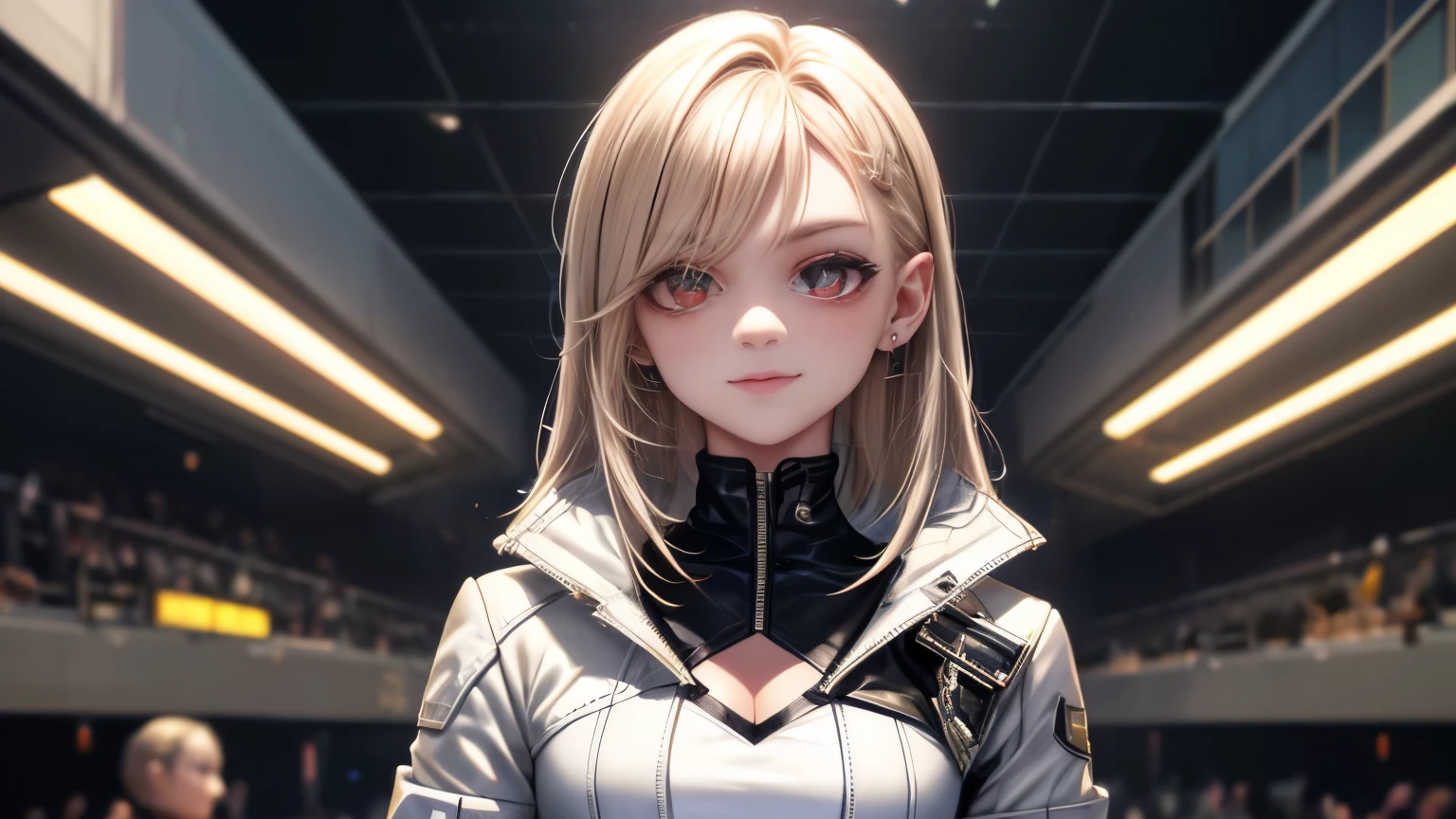 optimal,master piece,High resolution,best quality,hyper hd,super detail,Award-winning,16k,solo,(Upper body),correct anatomy,beautiful cyberpunk girl,cute face,,gradation beige hair,hair line,((scarlet eyes)),long eyelashes,drooping corners of the eyes,white skin,(small ),(Because I'm slender),((Women's Super Short Shawl Leather Jacket)),((racing_suit)),((height_skirt)),ear studs,(neck ring),(laser material clothing:1.2)、cleavage、smile、beautiful eyes