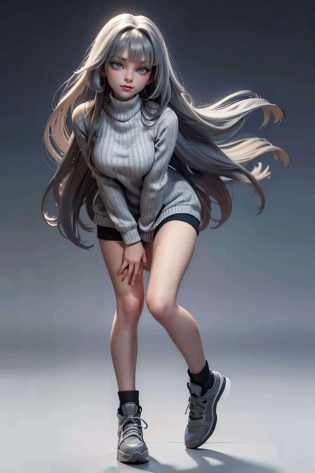 (1 beautiful woman), 22 year old, (narrow eyes:1.25),(half closed eyes:1.18), (pale skin), light smile, (grayish dark hair:1.15), (charcoal gray hair:1.15), (long straight hair), (blunt bangs), (shining blue eyes:1.1), standing, (light gray and white Regatta striped full-length sweater:1.15), turtleneck, (vivid blue sneaker), (full body), aerial shot, (face focus:1.1), (white and colorful background), ((masterpiece))
