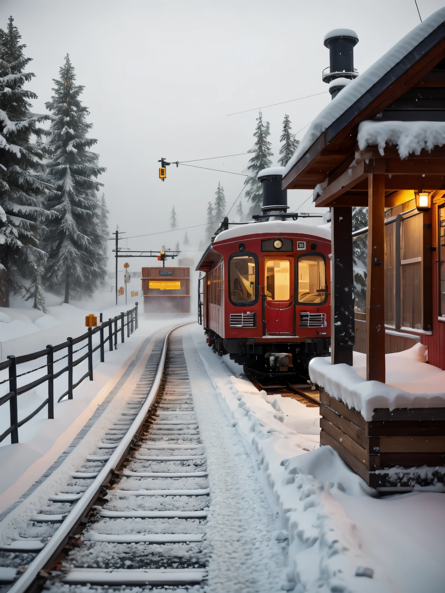 A  station in the heavy snow in Siberia，Back view of a person waiting for a bus，The big stop sign at the wooden house station，（The letters &quot;station&quot;：0.9），（Train tracks：0.65），Train tracksTrain tracks，Blizzard is falling，Dense fog Dense fog Dense fog，yarn art