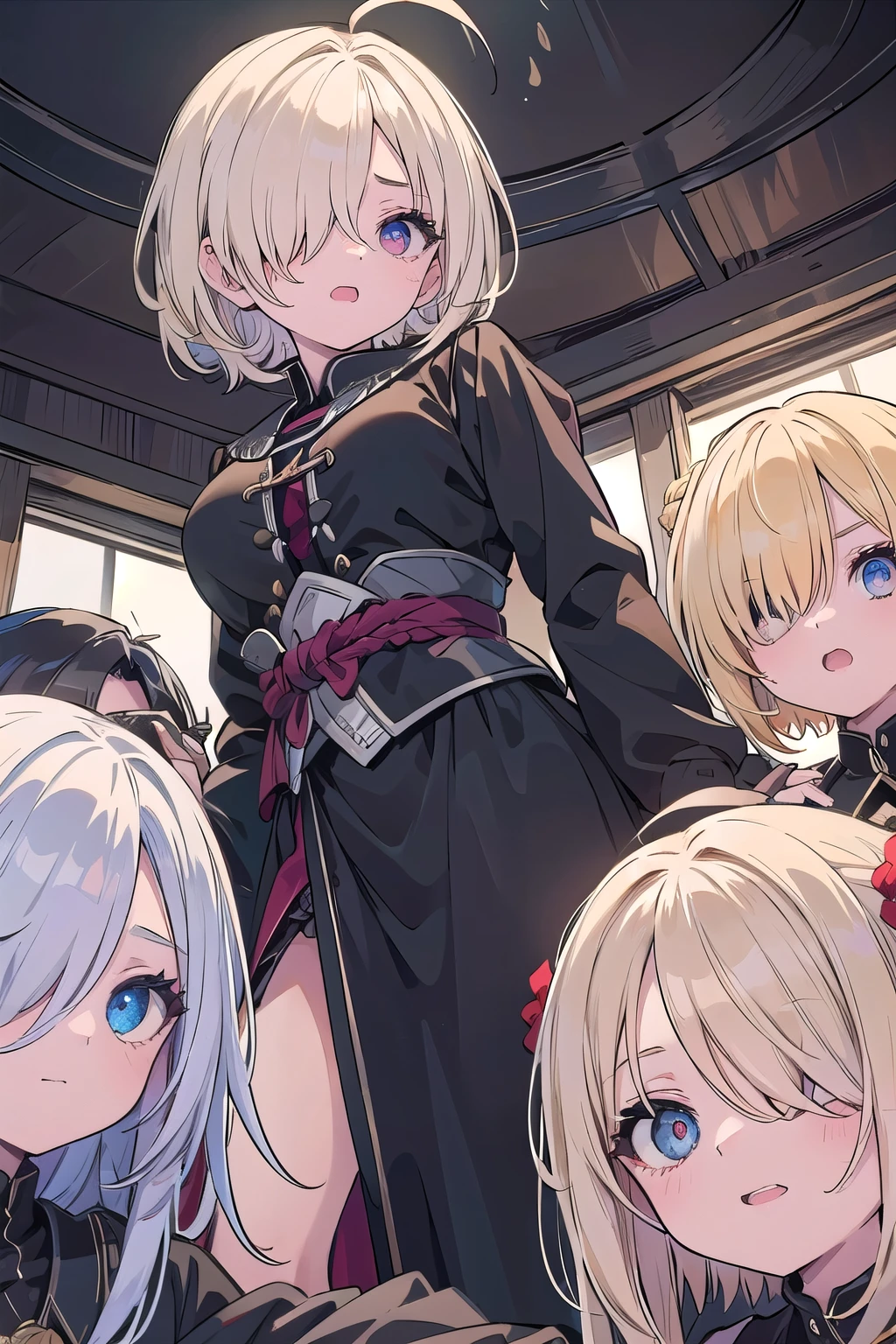 (masterpiece:1.2), (highest quality:1.2), perfect eyes, perfect face, perfect lighting, middle ages, desert, 1 boy,blonde, big breasts, red eyes, ((((((hair over one eye,)))))), Braidスタイル, spike hair, dull bangs, bob hair, Braid, Ahoge, black robe ((((muse)))), cute eyes, Medium chest, bright, (((from below))), vivid description,orgasm, I was scared, (abs), Ahegao, tooth, anger, From the side, (glaring), gangbang, ((group sex)), ((hetero)), 1boy