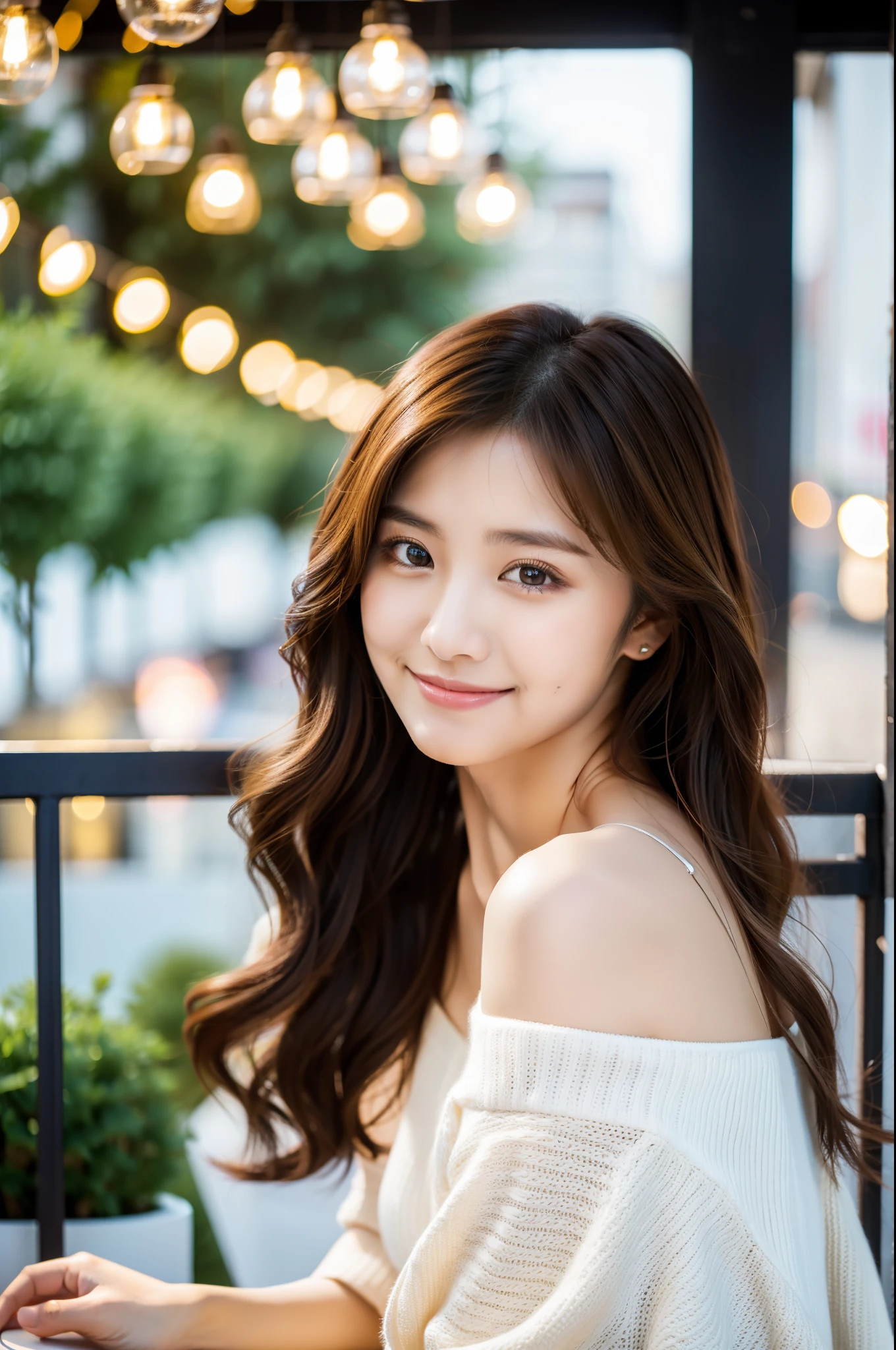 ulzzang-6500-v1.1,(highest quality,masterpiece:1.3,ultra high resolution),(Super detailed,8k),,(realistic:1.4,RAW shooting),1girl,18-year-old,cute,Super beautiful,Japanese woman sitting on the terrace of a cafe, long curly hair, turn around, off shoulder, big round eyes , smile, big breasts,perfect style,professional lighting, Photographed by a professional photographer