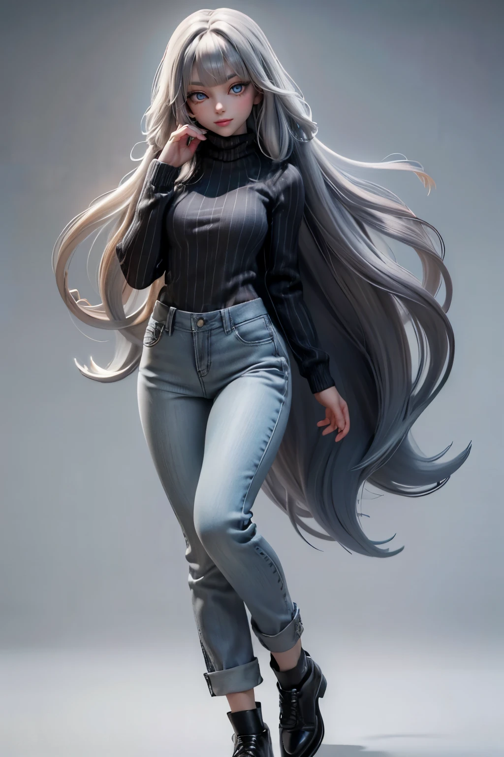 (1 beautiful woman), 22 year old, (narrow eyes:1.25),(half closed eyes:1.18), (pale skin), light smile, (grayish dark hair:1.15), (charcoal gray hair:1.15), (long straight hair), (blunt bangs), (shining blue eyes:1.1), standing, (light gray and white Regatta striped full-length sweater:1.15),  (long Knee-length sweater:1.1), turtleneck, (vivid blue sneaker), (charcoal gray long pants), (full body), aerial shot, (face focus:1.1), (white and colorful background), ((masterpiece))
