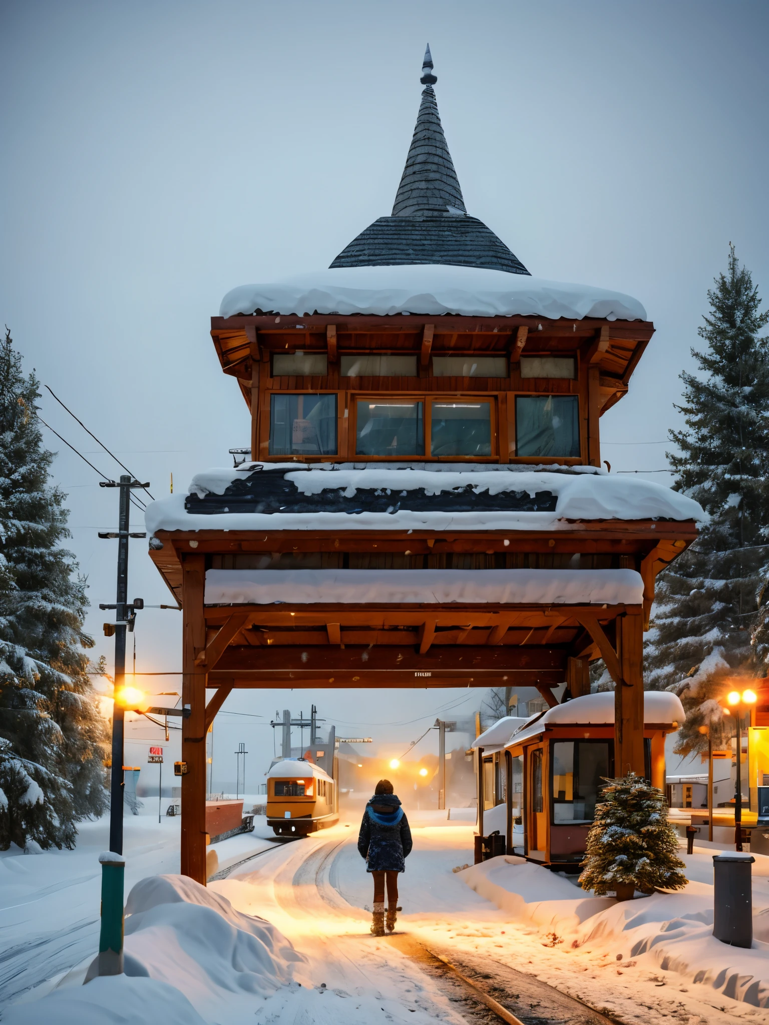 A  station in the heavy snow in Siberia，Back view of a person waiting for a bus，The big stop sign at the wooden house station，（Train tracks：0.65），Train tracksTrain tracks，Blizzard is falling，Dense fog Dense fog Dense fog，yarn art