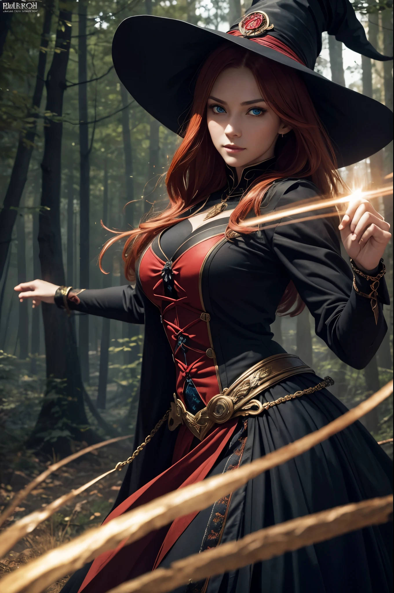 8K,((highest quality)), ((table top)), ((realistic)), ケルトのwitch, witch, artistic anatomical hand, fine art , shining blue eyes, woman&#39;s face, , Trending at Art Station, sharp focus, studio photography, intricate details, very detailed, fine eyes, figure, very detailed, Red and Black witch Costume,sharp focus, digital rendering, Professional, beautiful expression,超A high resolution,super realistic skin,Colorful effect of the magic circle behind you,in the forest,Super beautiful(like the real thing),battle scene,action pose,view audience,grim expression,dynamic pose,fighting pose,very big white magic circle,Geometric pattern,Close-up,