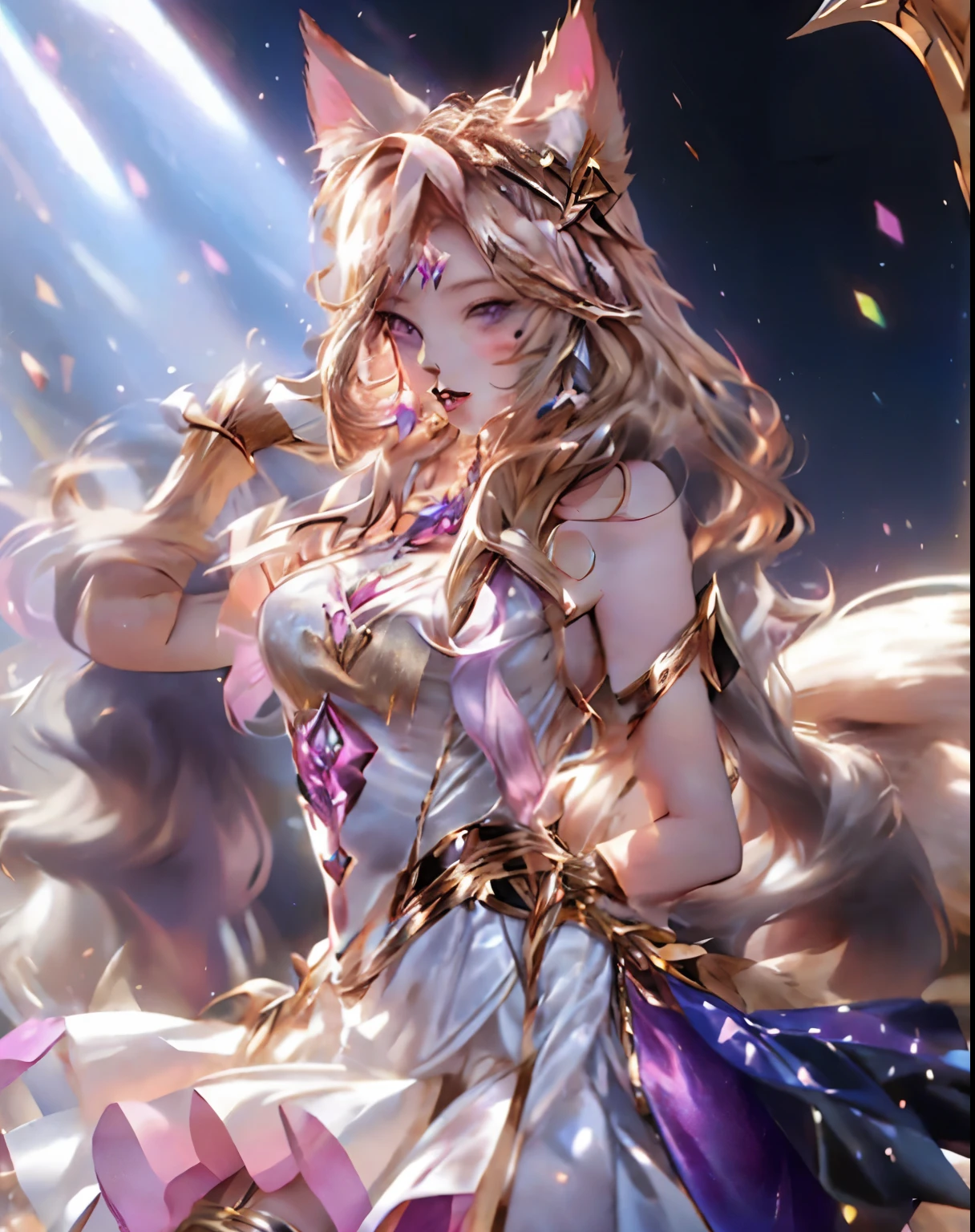 highest quality,highest quality, 1 girl, alone, long hair, chest, looking at the viewer, blue eyes, skirt, blonde hair, gloves, dress, animal ears, bare shoulders, jewelry, medium chest, earrings, parted lips, fox ears, fox tail, traces of face, multiple tails, beard marks, purple gloves, pink gloves, Ahri \(league of legends\)