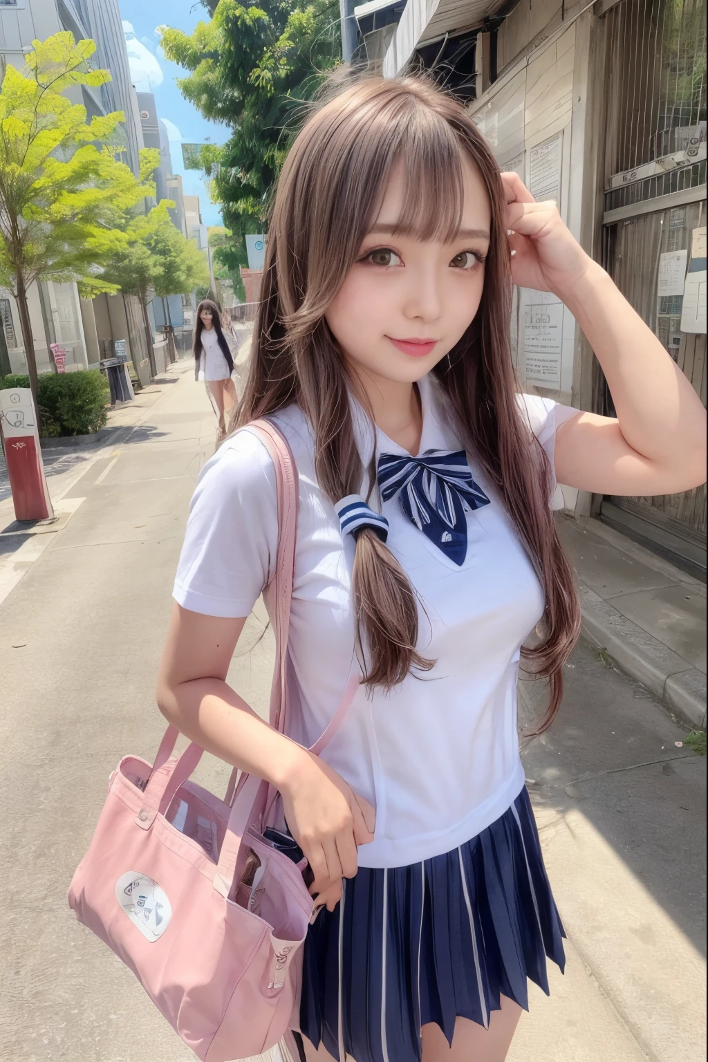 long hair、high school girl、(((summer clothes)))、white shirt、blue striped tie、short sleeve、Dark blue prill skirt、walk、Student bag tote bag in hand、8head and body、In the cityscape、sidewalk、Keyaki Street、wavy hair、small head、pale pink lips、smile、happiness、big breasts、small hips、slender body