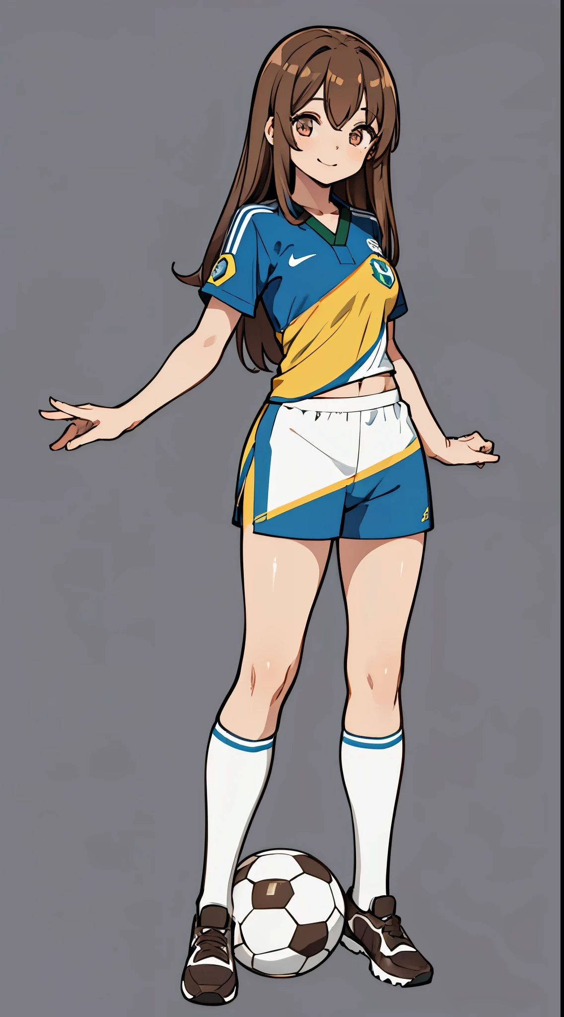 1 girl sigle, long brown Haircurt, eyes color brown, japanese half brazilian, light skin, body type athlete body, full body, wearing soccer uniform, age 18, Height 160cm, Breast cup C, light skin, stand pose, smile, Brasil paulo background