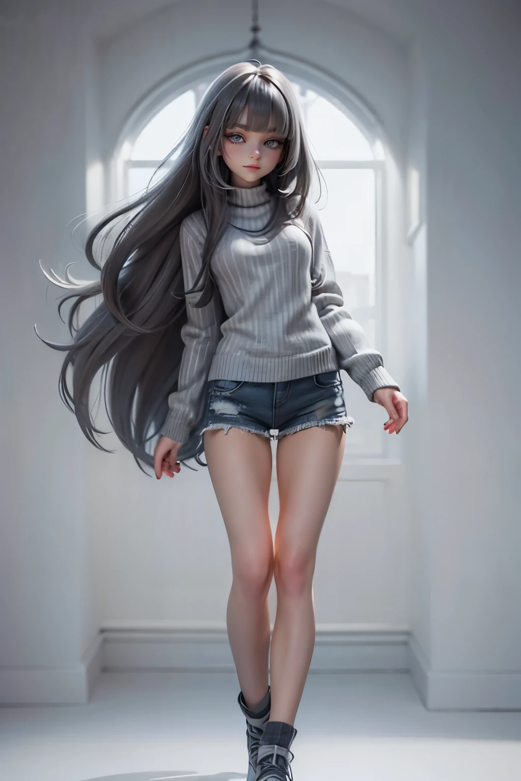 (1 beautiful woman), 22 years old, (narrow eyes:1.25),(half closed eyes:1.18), (pale skin), light smile, (grayish dark hair:1.15), (charcoal gray hair:1.18), (long straight hair), (blunt bangs), (shining blue eyes:1.1), standing, (light gray and white Regatta striped sweater:1.15), turtleneck, (long Knee-length sweater:1.15), (vivid blue sneaker), (full body), aerial shot, (face focus:1.1), (white and colorful background), ((masterpiece))