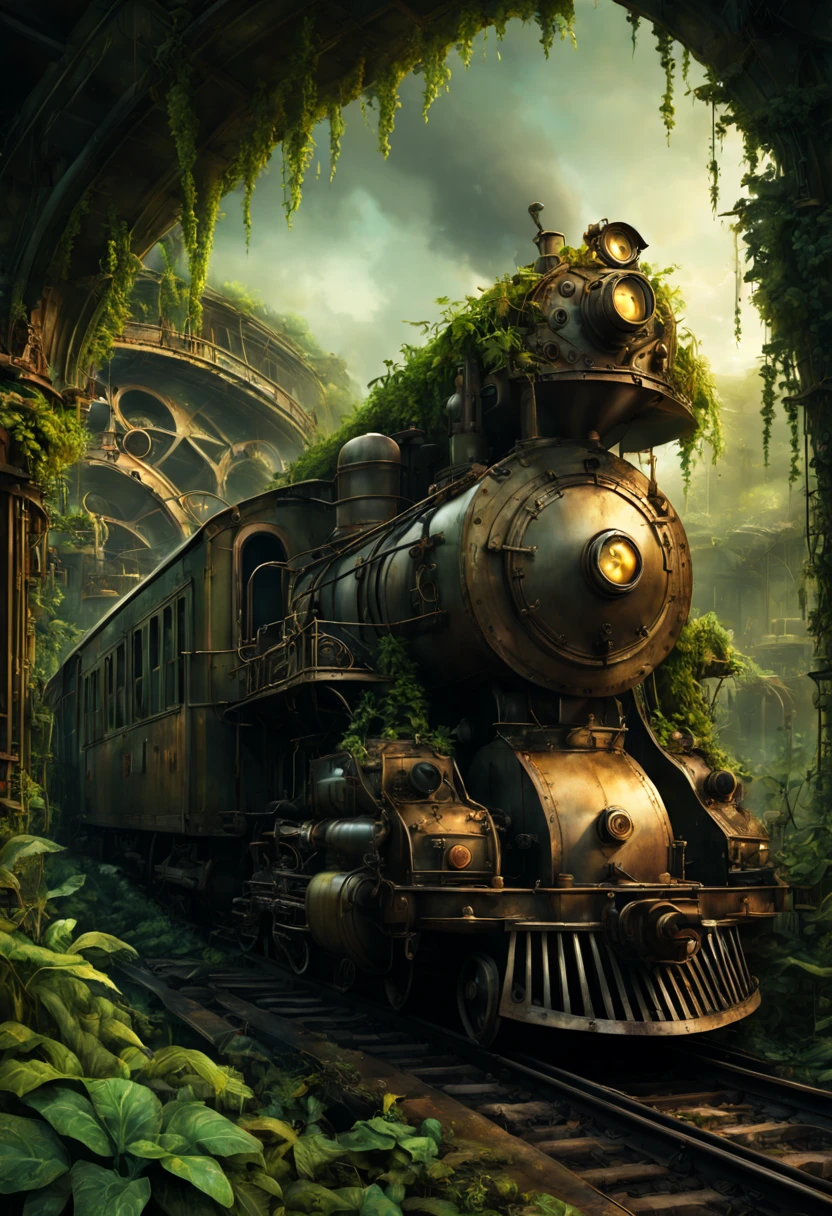 Train Station, aesthetic, steampunk derelict trains, railroads, stacked on top of each other in the jungle, covered with vines, plants, cogs, gears; epic lighting, cinematic, brilliant, stunning, intricate, meticulous, dramatic, atmospheric, maximalist, digital matte painting, mysterious, ominous, crepuscule, Moebius, golden hours
