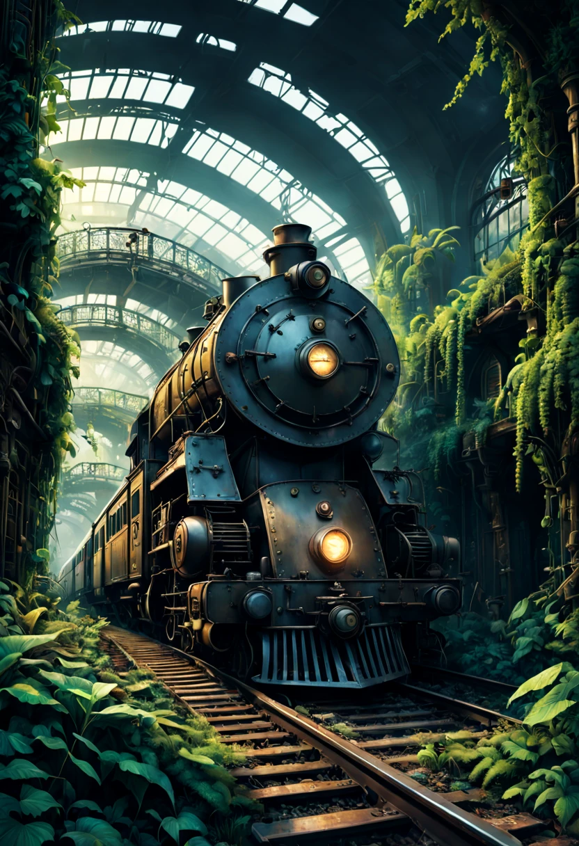 Train Station, aesthetic, steampunk derelict trains, railroads, stacked on top of each other in the jungle, covered with vines, plants, cogs, gears; epic lighting, cinematic, brilliant, stunning, intricate, meticulous, dramatic, atmospheric, maximalist, digital matte painting, mysterious, ominous, crepuscule, Moebius, golden hours