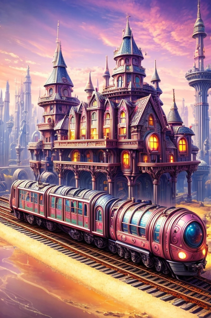 High-tech future train(close up)  Intricate details rosy station as background whimsical fantasy landscape art futuristic futuristic city background creativity,unique style,Attention to detail, top quality imagination, Best quality HD details, Ultra-detailed