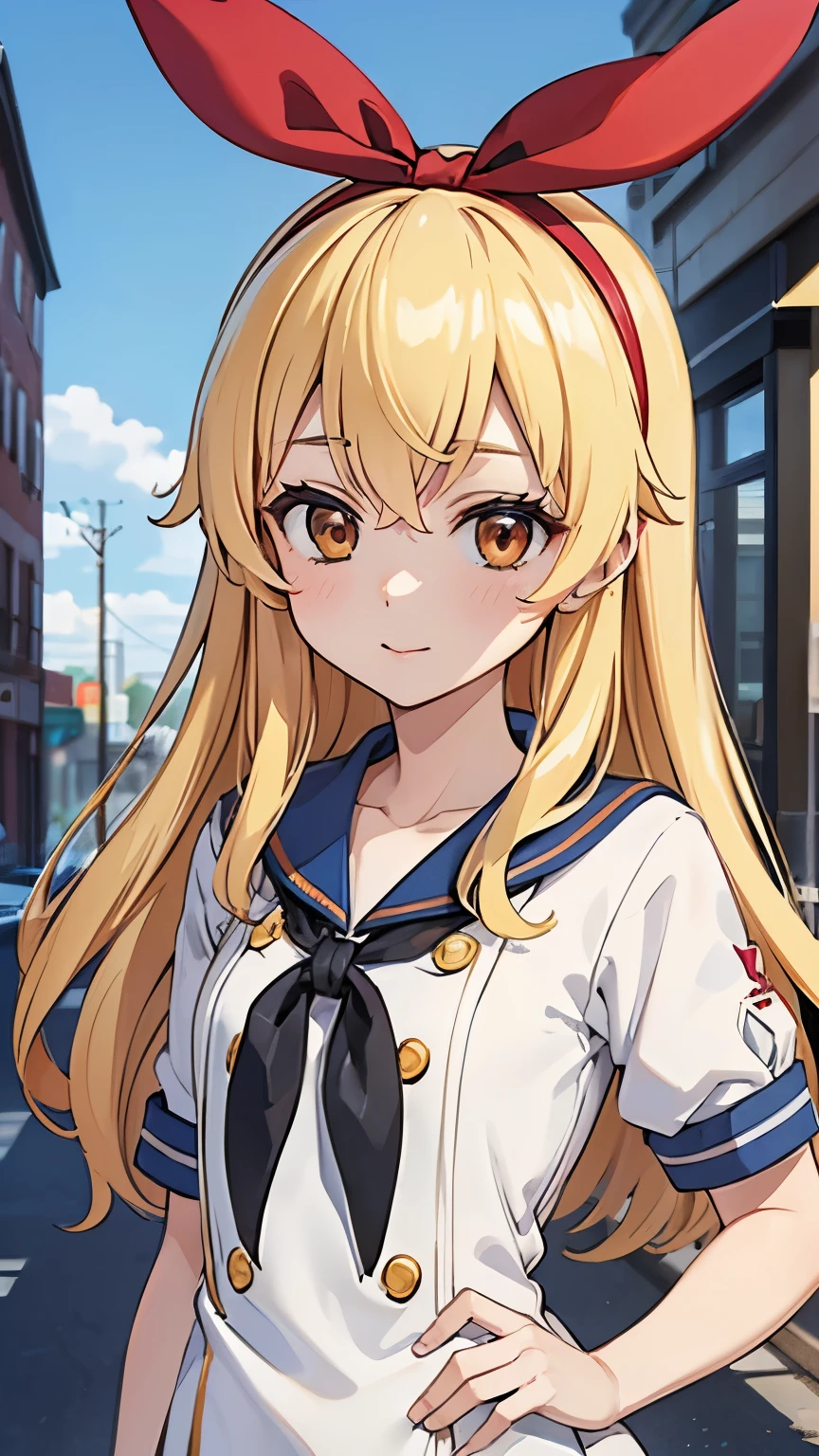 (masterpiece, best quality, highly detailed, ultra detailed, high resolution, absurdres, 4K, 8K:1.2), 
BREAK,shimakaze uniform, 16 years GIRL,Blonde_HAIR,(RED Ribbon on HAIRband:1.2)