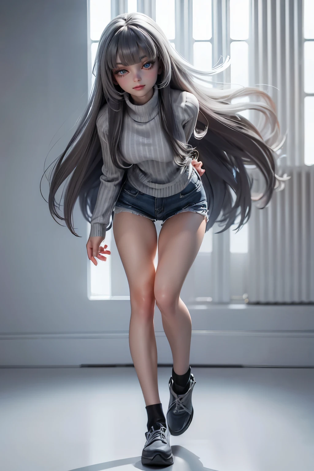 (1 beautiful woman), 22 years old, (narrow eyes:1.25),(half closed eyes:1.18), (pale skin), light smile, (grayish dark hair:1.15), (charcoal gray hair:1.2), (long straight hair), (blunt bangs), (shining blue eyes:1.1), standing, (light gray and white Regatta striped sweater:1.15), turtleneck, (long Knee-length sweater:1.15), (vivid blue sneaker), (full body), aerial shot, (face focus:1.1), (white and colorful background), ((masterpiece))
