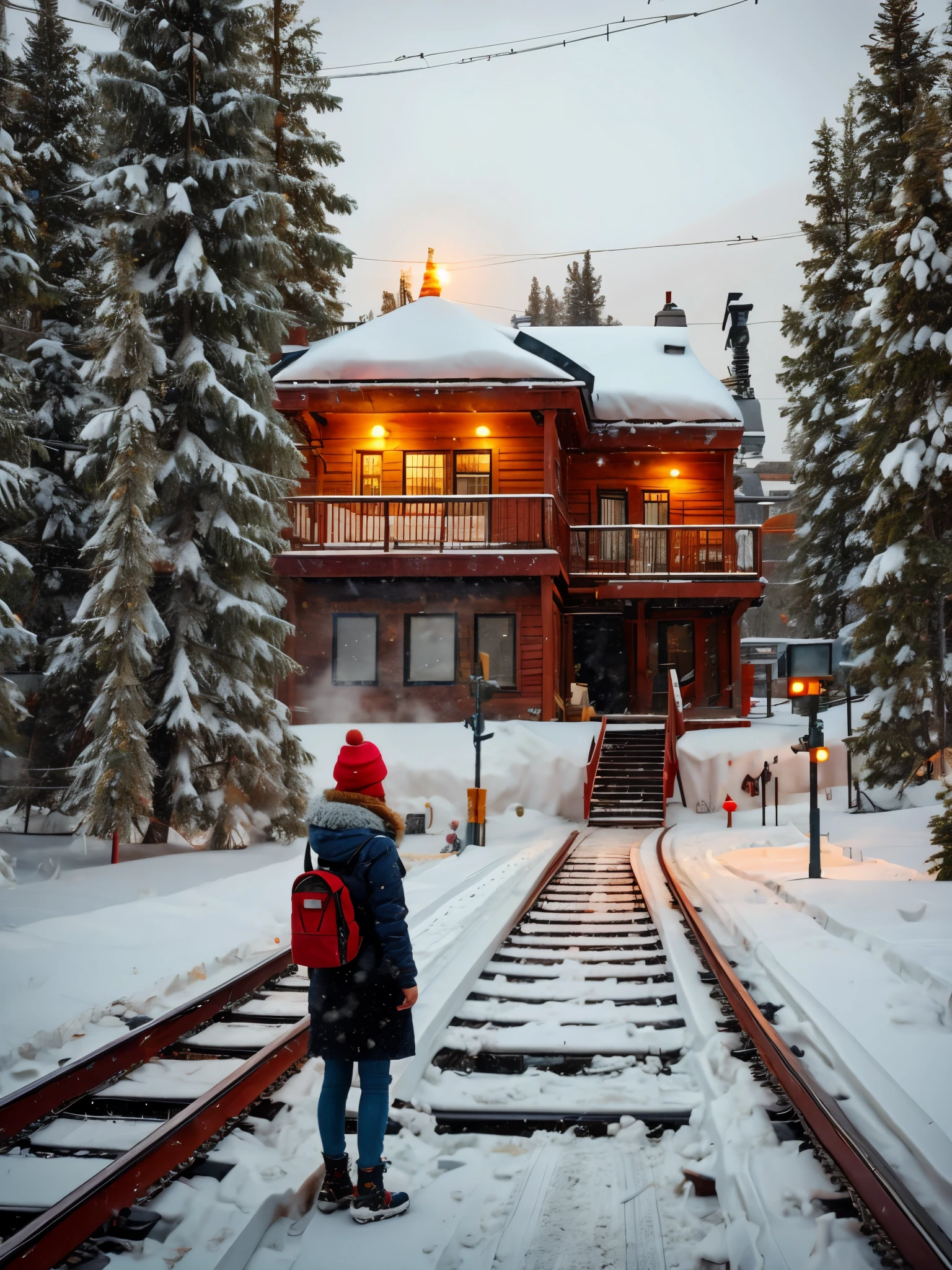 A  station in the heavy snow in Siberia，Back view of a person waiting for a bus，The big stop sign at the wooden house station，（The letters &quot;station&quot;：0.9），（Train tracks：0.65），Train tracksTrain tracks，Blizzard is falling，Dense fog Dense fog Dense fog，yarn art