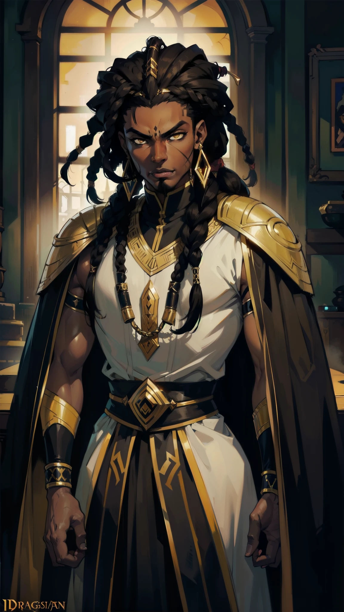 (Concept Art) of a young (African-American) male, with dark black (dreadlocks), yellow eyes, dark (brown skin), (regal assassin), sith robes, no earrings, demon prince, close-up shot, perfect composition, detailed, 4K, high quality, (perfect eyes), trending art, sharp focus, studio photo, action pose