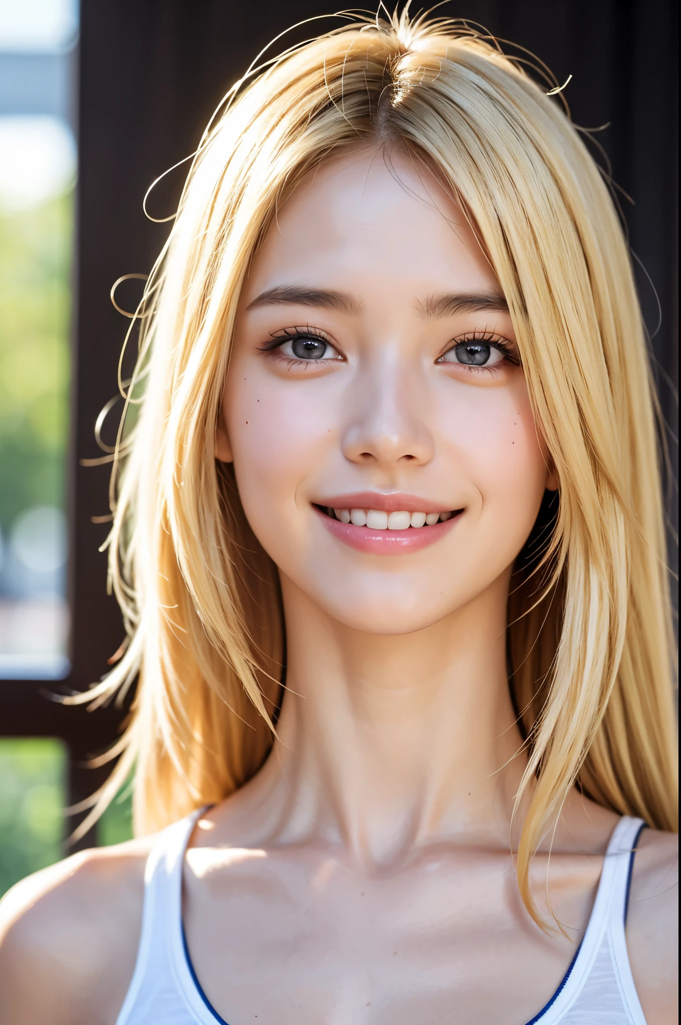 1girl, 8k, best resolution, best quality, (photorealistic:1.1), masterpiece, portrait, shoulder , perfect face, white shiny skin, golden blonde hair, tank top, visible abdominal​ muscle, bokeh background, beautiful tooth, good tooth, smile