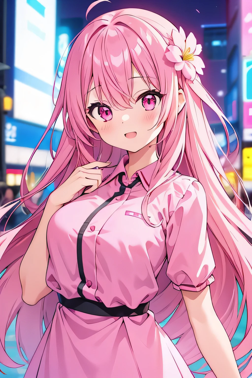 1girl, pink hair, pure long hair, flower hair ornaments on right side, wearing pink shirt, earning pink, 8k resolutions, 8k quality, medium breast, pink eyes,  upper body, HD resolutions, half body, happy, happy pose, ****face, bangs, neon city, pedestrian