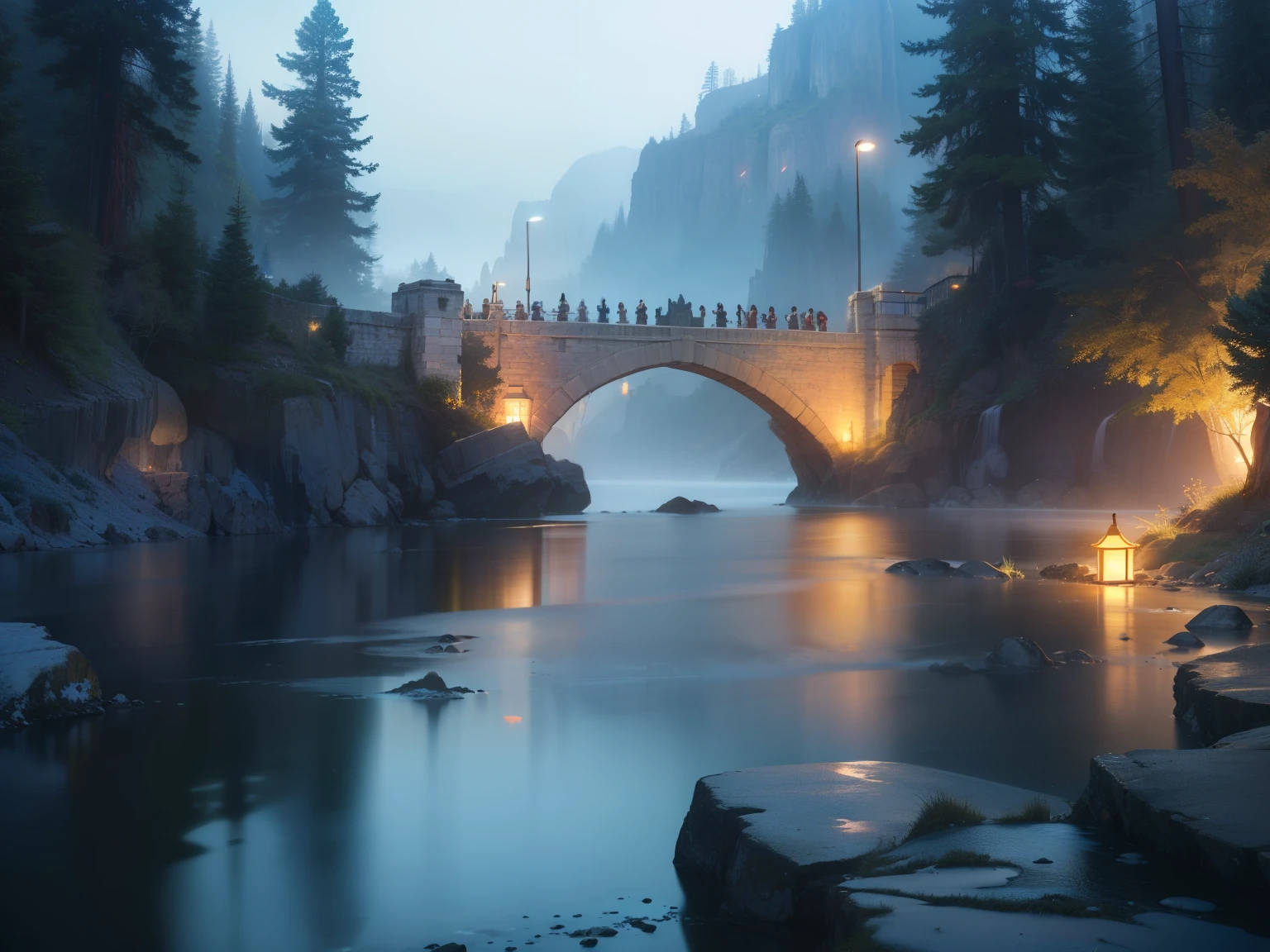 Best quality, Masterpiece, beautiful wild and natural fantasy landscape with glowing lights