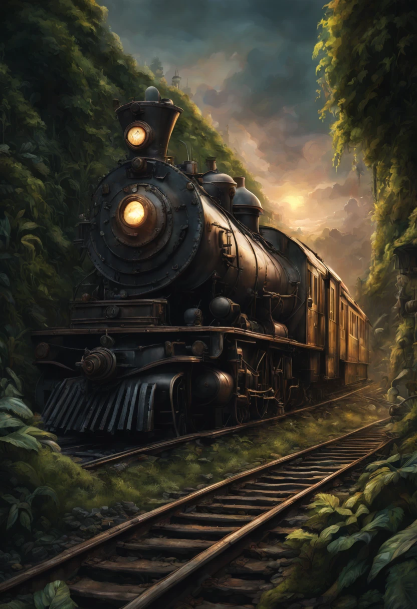 Train Station, aesthetic, steampunk derelict trains, railroads, stacked on top of each other in the jungle, covered with vines, plants, cogs, gears; epic lighting, cinematic, brilliant, stunning, intricate, meticulous, dramatic, atmospheric, maximalist, digital matte painting, mysterious, ominous, crepuscule, Moebius, golden hours