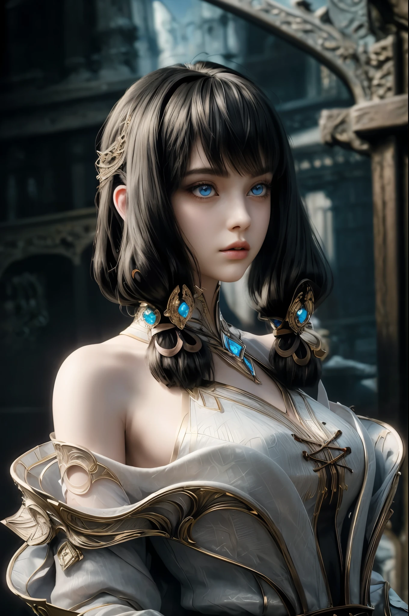 (8K, original photo, best quality, masterpiece:1.2),(actual, photo-actual:1.4), Super detailed, extremely detailed cg 8K wallpaper,(crystal texture skin:1.2), (extremely delicate and beautiful),
1 girl,alone,black hair,  long hair, blue eyes, Keep your mouth shut, hair accessories, shoulder, Detached sleeves,, white dress,lean forward,  on the chair, whole body, cross legs,