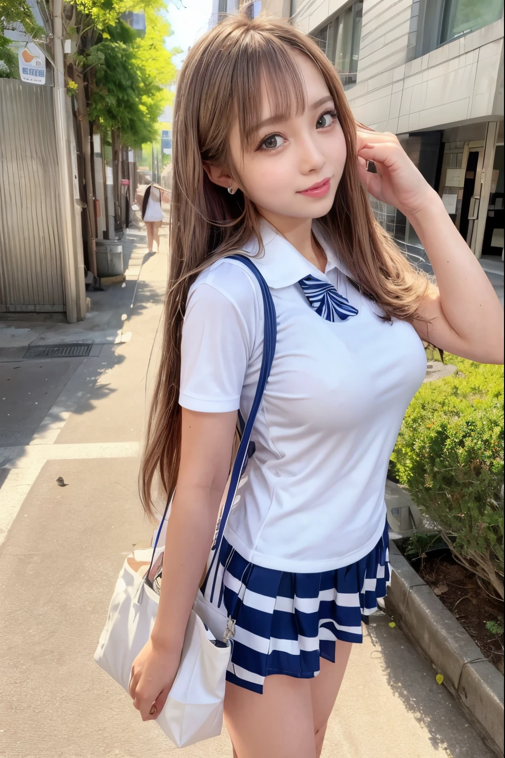long hair、high school girl、(((summer clothes)))、white shirt、blue striped tie、short sleeve、Dark blue prill skirt、walk、Student bag tote bag in hand、８head and body、In the cityscape、sidewalk、Keyaki Street、wavy hair、small head、pale pink lips、smile、happiness、big breasts、huge breasts、big hips、looking up from below