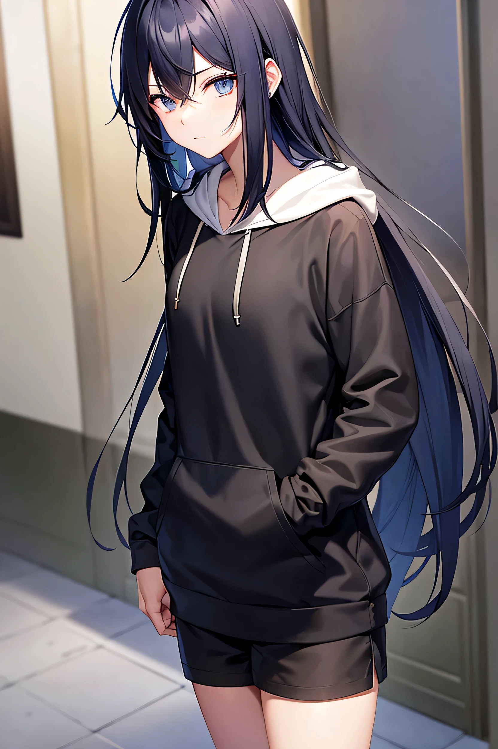 Handsome slim girl with long black and blue hair. sharp eyes. wearing a long hoodie and athletic shorts.