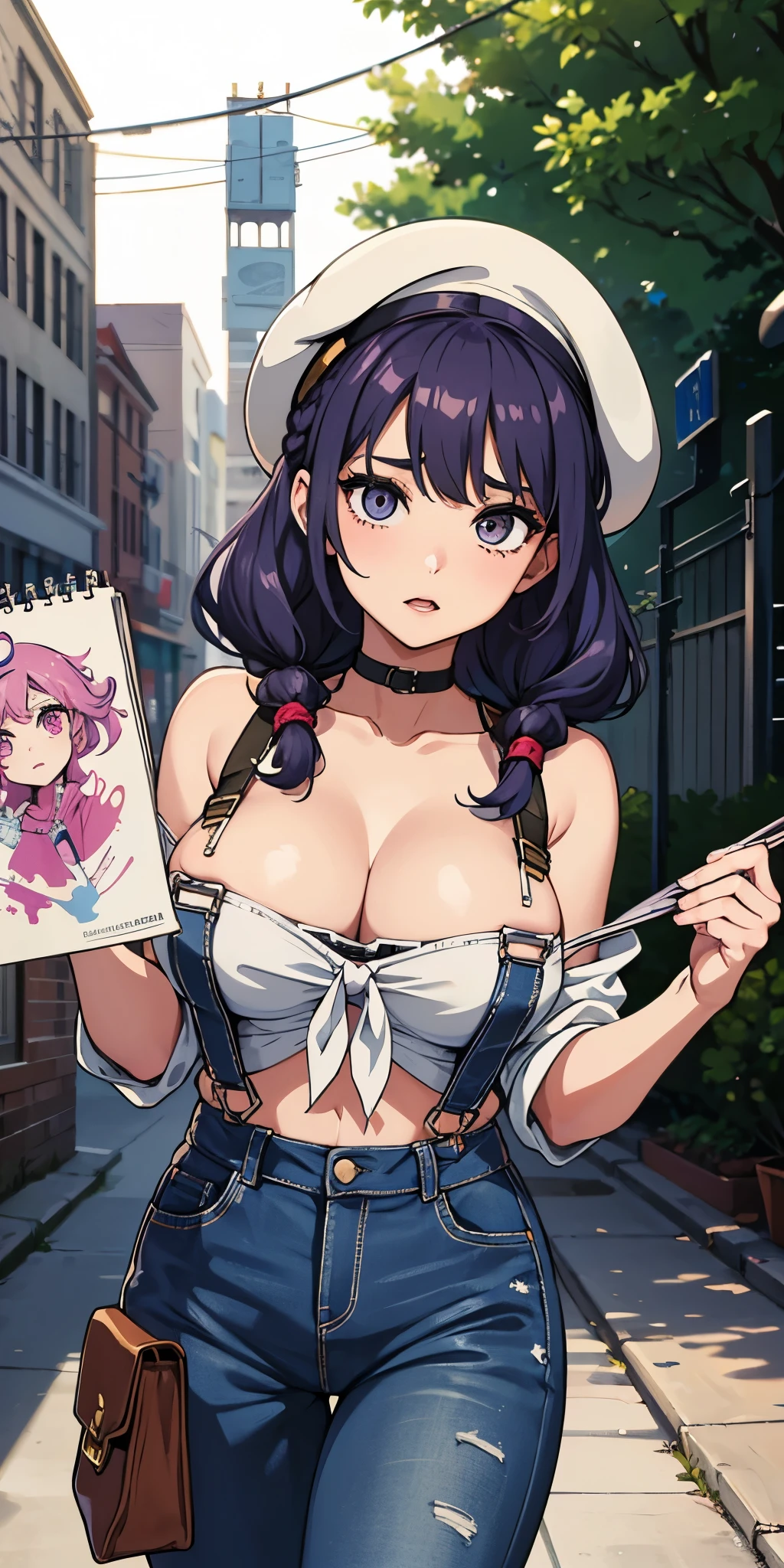An artistic student, with a creative, bohemian style. She wears paint-splattered overalls over a tie-dye shirt, with a beret perched on her head. Her hair is a riot of colorful curls, and she carries a sketchbook and pencils, big tits, deep cleavage, bare tummy, thick thighs, slim waist, erotic expression. She exudes a sense of imagination and artistic flair, always ready to capture the beauty of the world around her.