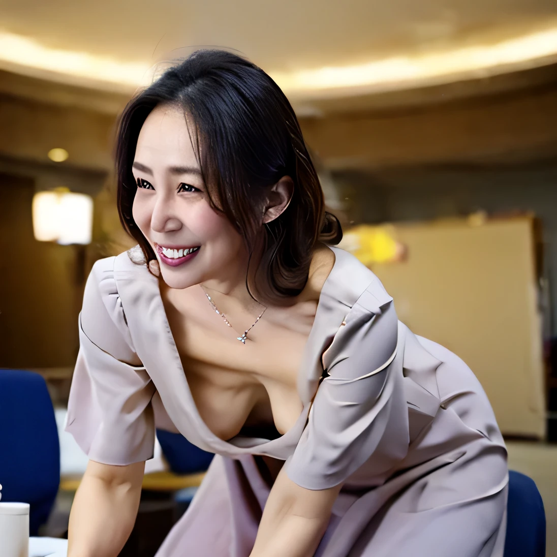 NSFW, ((highest quality, 8k, masterpiece, portrait: 1.3)), photorealism, Office Meeting Room, one mature woman, 46 years old, forward leaning posture, facial wrinkles, wrinkles around the eyes, put your hands on the desk, plunging neckline dress, Bra can be seen from the neckline, The gaze that looks at the viewer, talking to me, 