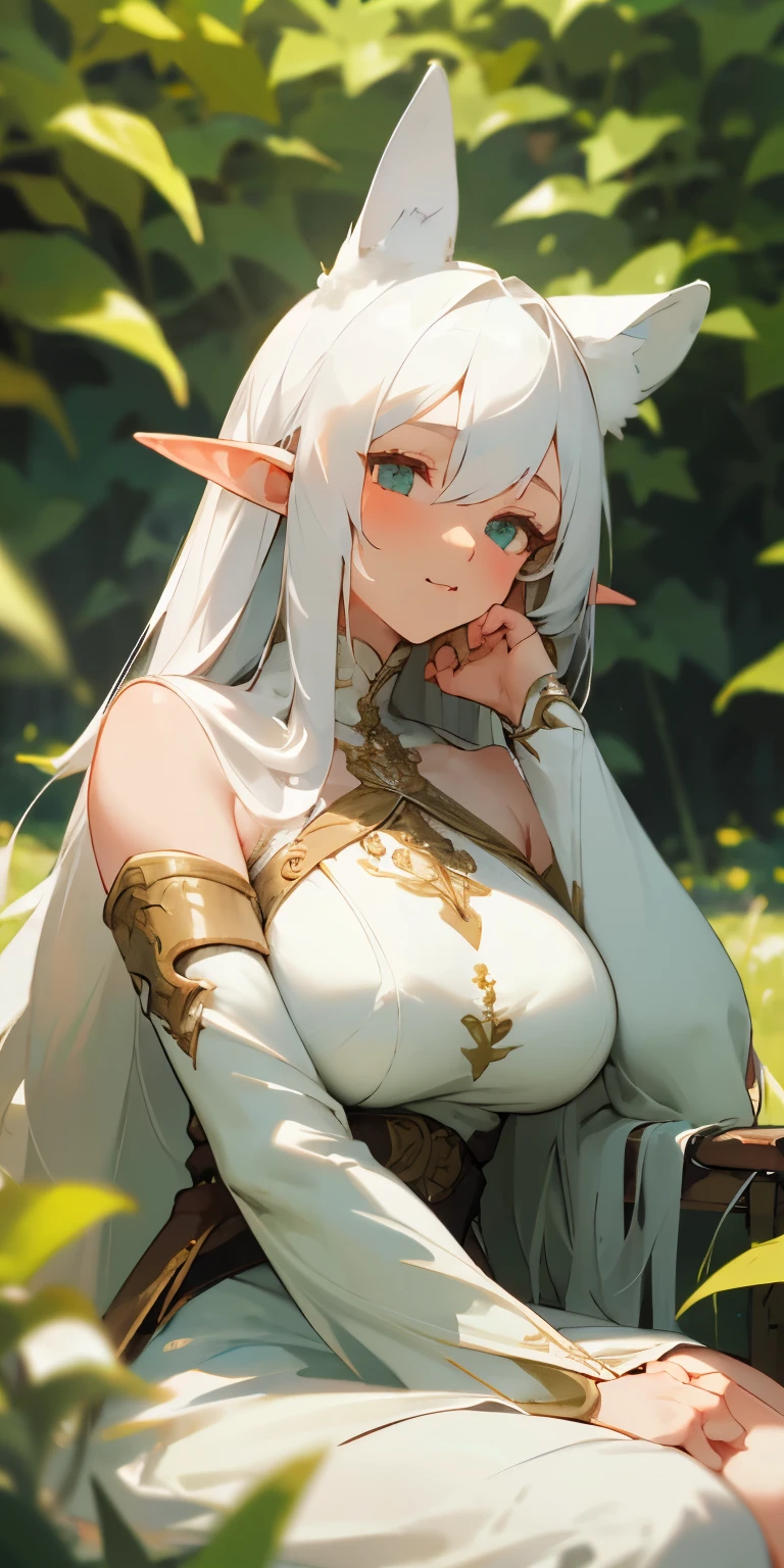cinematic, sexy beautiful elf woman with big breast, brown dress, white hair, sleep closed eyes, medieval, sitting on the ground, lining beside rock, the center of small hill, in vast green field.