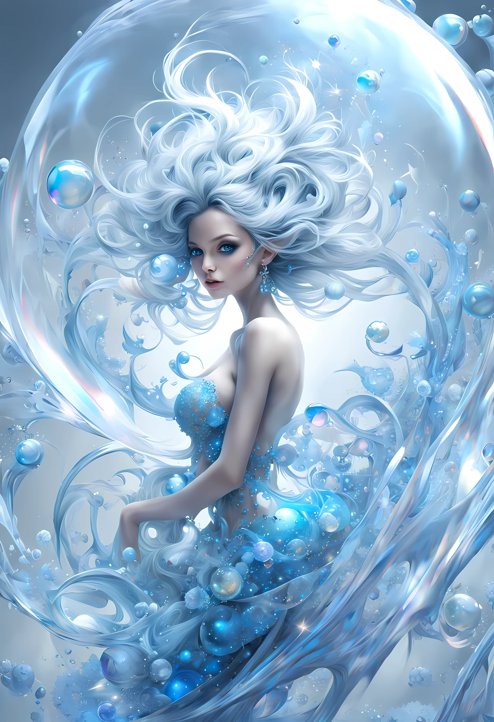 (masterpiece, top quality, best quality, official art, beautiful and aesthetic:1.2), (1 naked girl:1.2), cute, extreme detailed,(abstract:1.4, fractal art:1.3),(silver and blue_hair:1.1), blue eyes,colorful,highest detailed, Beautiful girl trapped inside a big soap bubble,