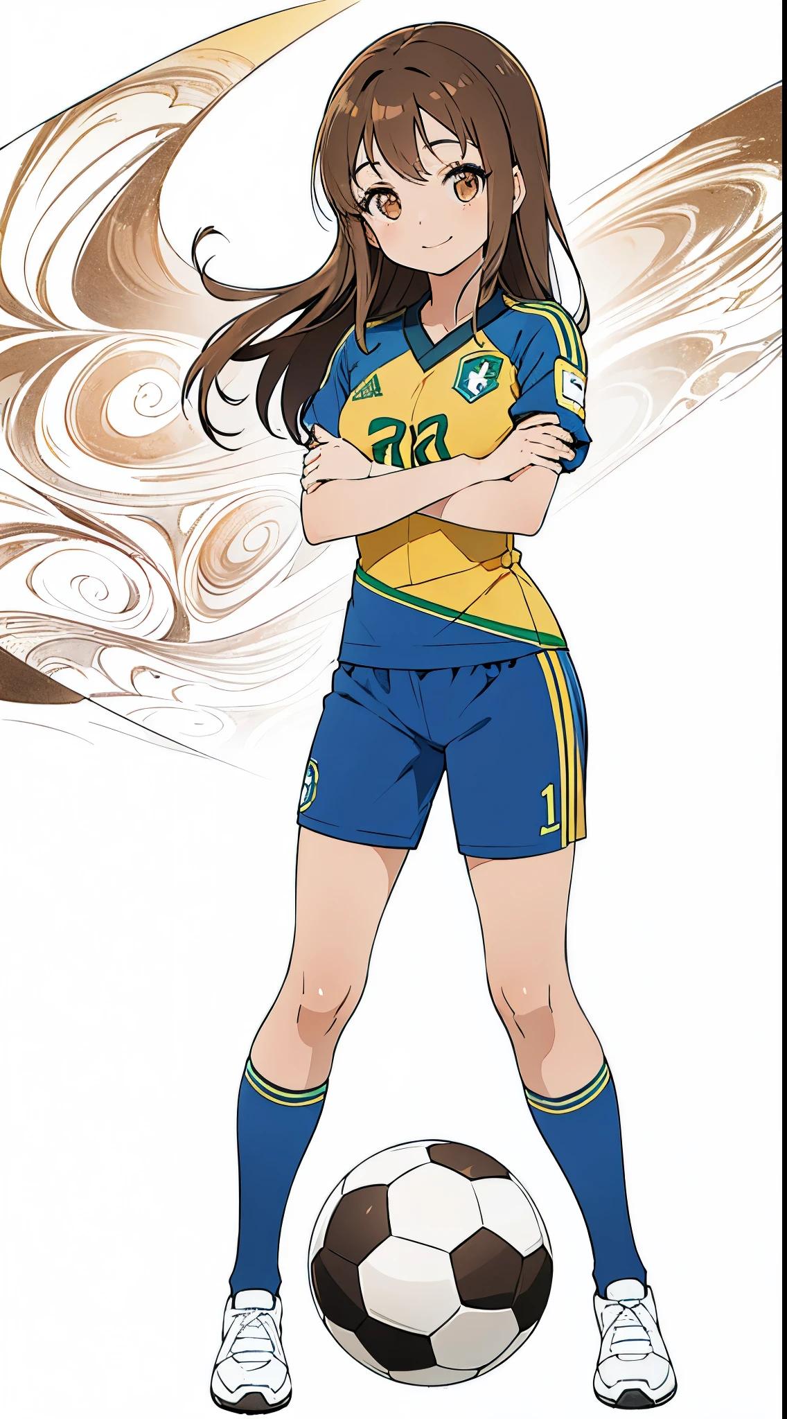 1 girl sigle, long brown Haircurt, eyes color brown, japanese half brazilian, light skin, body type athlete body, full body, wearing soccer uniform, age 18, Height	160cm, Breast cup C, light skin, stand pose, smile, Brasil paulo background, play soccer