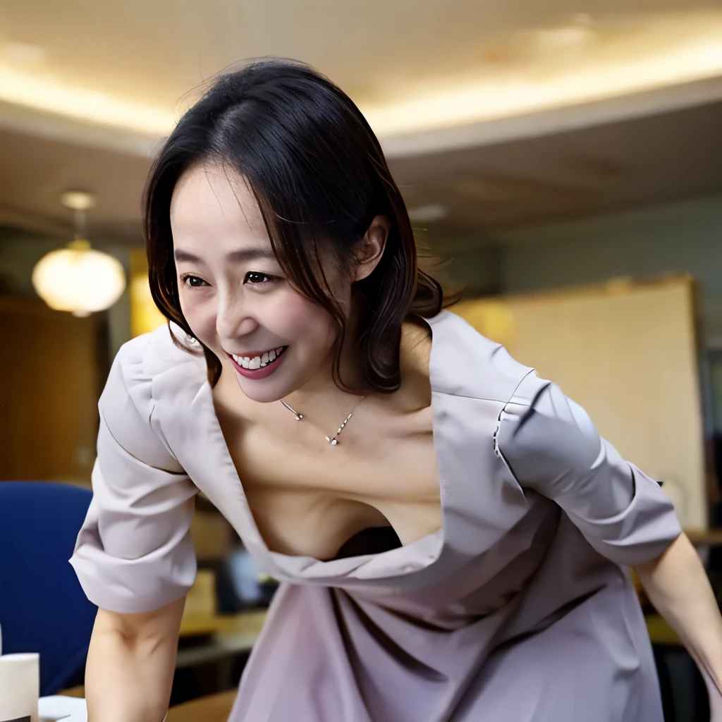 NSFW, ((highest quality, 8k, masterpiece, portrait: 1.3)), photorealism, office conference room, one mature woman, 46 years old, leaning forward posture, wrinkles on the face, wrinkles at the corners of the eyes, clavicle: 0.2, hands on desk, Dress with wide open neckline, Bra is visible from the neckline, Gaze to see the viewer, Talking to me,