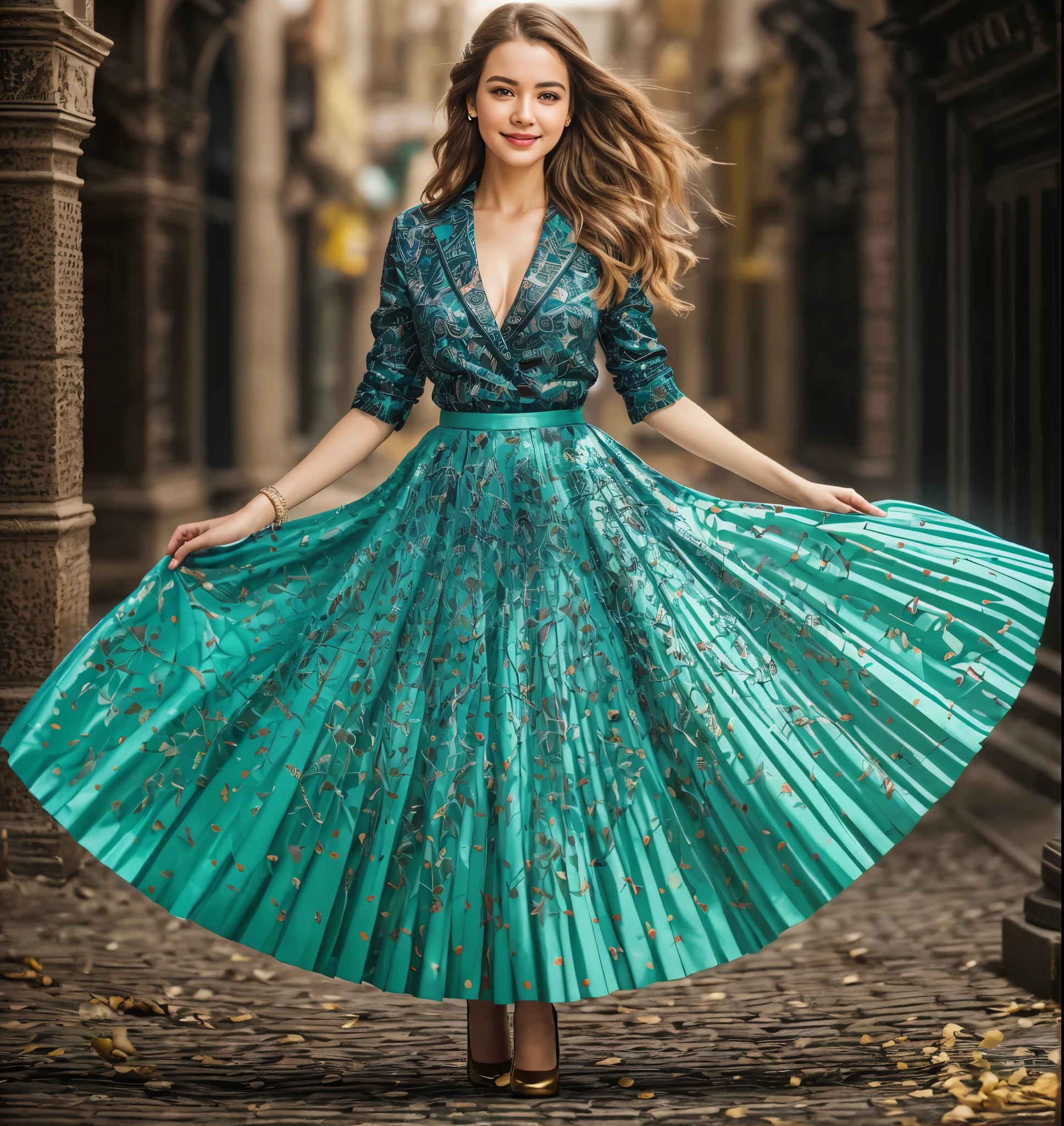 A smiling, authentic, (shy:1,3), kind, beautiful woman, is passionately in love with her skirt, sitting down on the gound while wind lifts her skirt, wearing short blazer and very very detailed (long (fully pleated) full circle skirt) and (low heeled court shoes), very very intricate hyper-detailed symmetric (attractive graceful young feminine face) with (sad, tired eyes and a loving smile), large breasts, full of empathy and compassion and love, (pronounced (feminine) features), (highly detailed ultra accurate realistic) hands and fingers, (windy), epic composition, highly detailed attributes, (35mm f1.4 Kodak portra 400 photograph), extremely high quality RAW photograph, highly detailed atmosphere, sci-fi, cinematic shot, dynamic lighting, 75mm, Technicolor, Panavision, cinemascope, sharp focus, fine details, 8k, HDR, realism, realistic, key visual, film still, superb cinematic color grading, depth of field